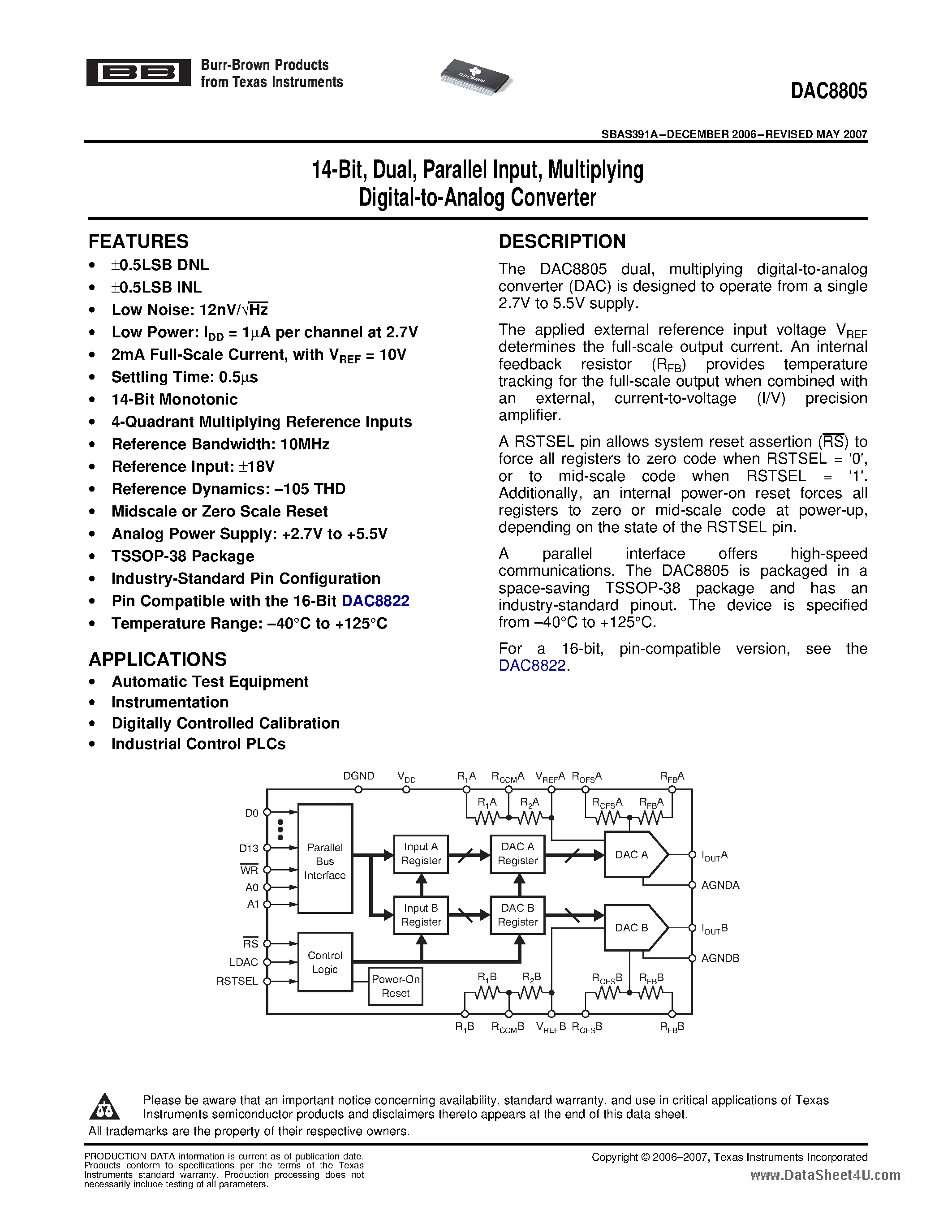 Datasheet DAC8805 - Multiplying Digital-to-Analog Converter page 1