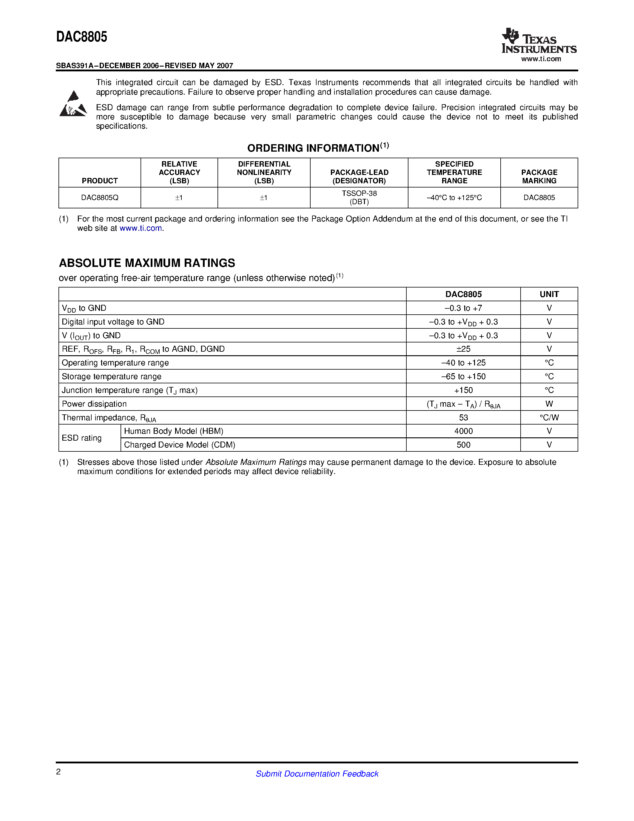 Datasheet DAC8805 - Multiplying Digital-to-Analog Converter page 2
