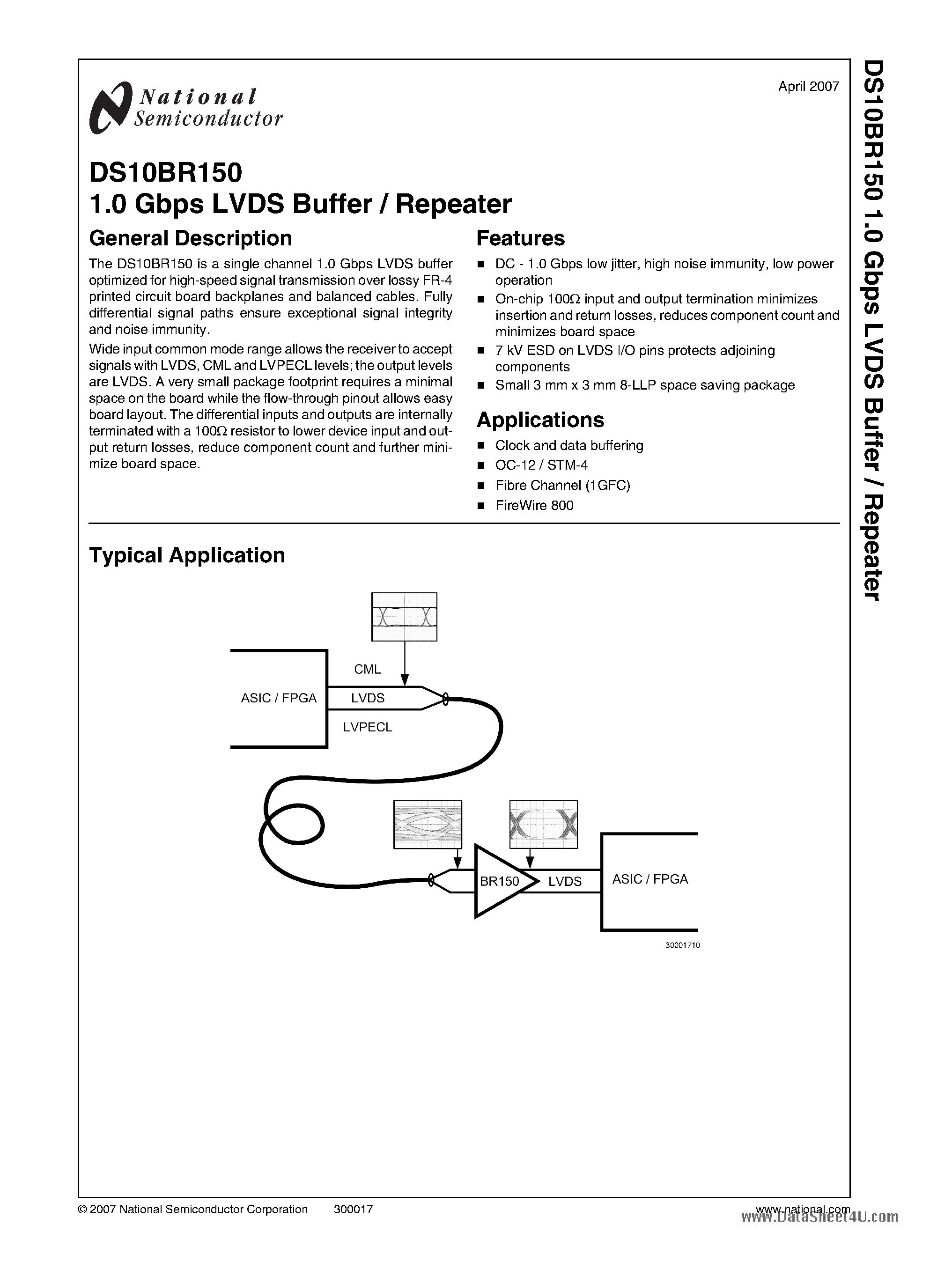 Datasheet DS10BR150 - 1.0 Gbps LVDS Buffer / Repeater page 1