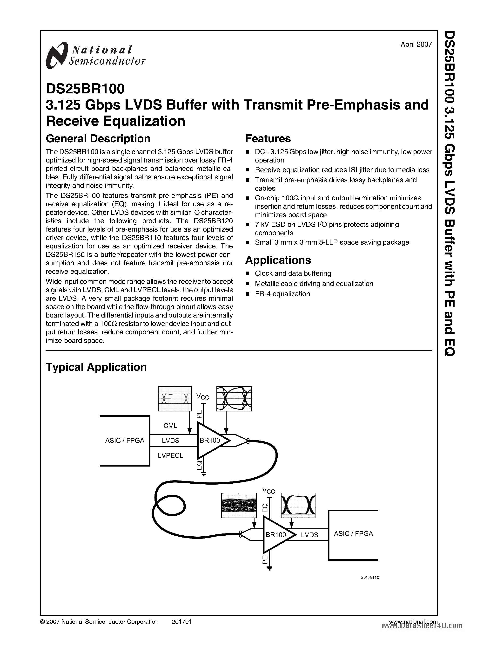 Datasheet DS25BR100 - 3.125 Gbps LVDS Buffer page 1