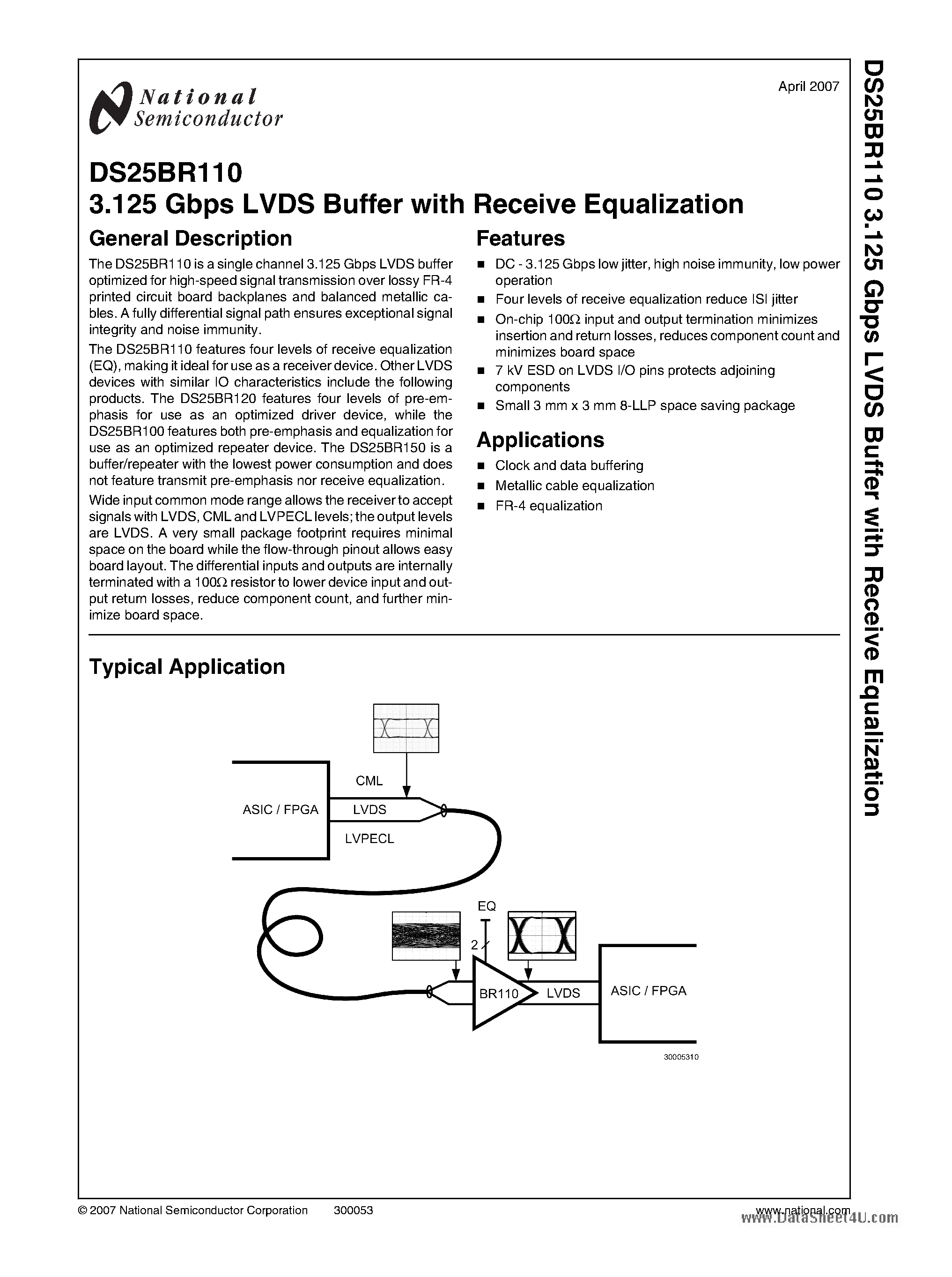 Datasheet DS25BR110 page 1 Datasheet DS25BR110 - 3.125 Gbps LVDS Buffer page 1
