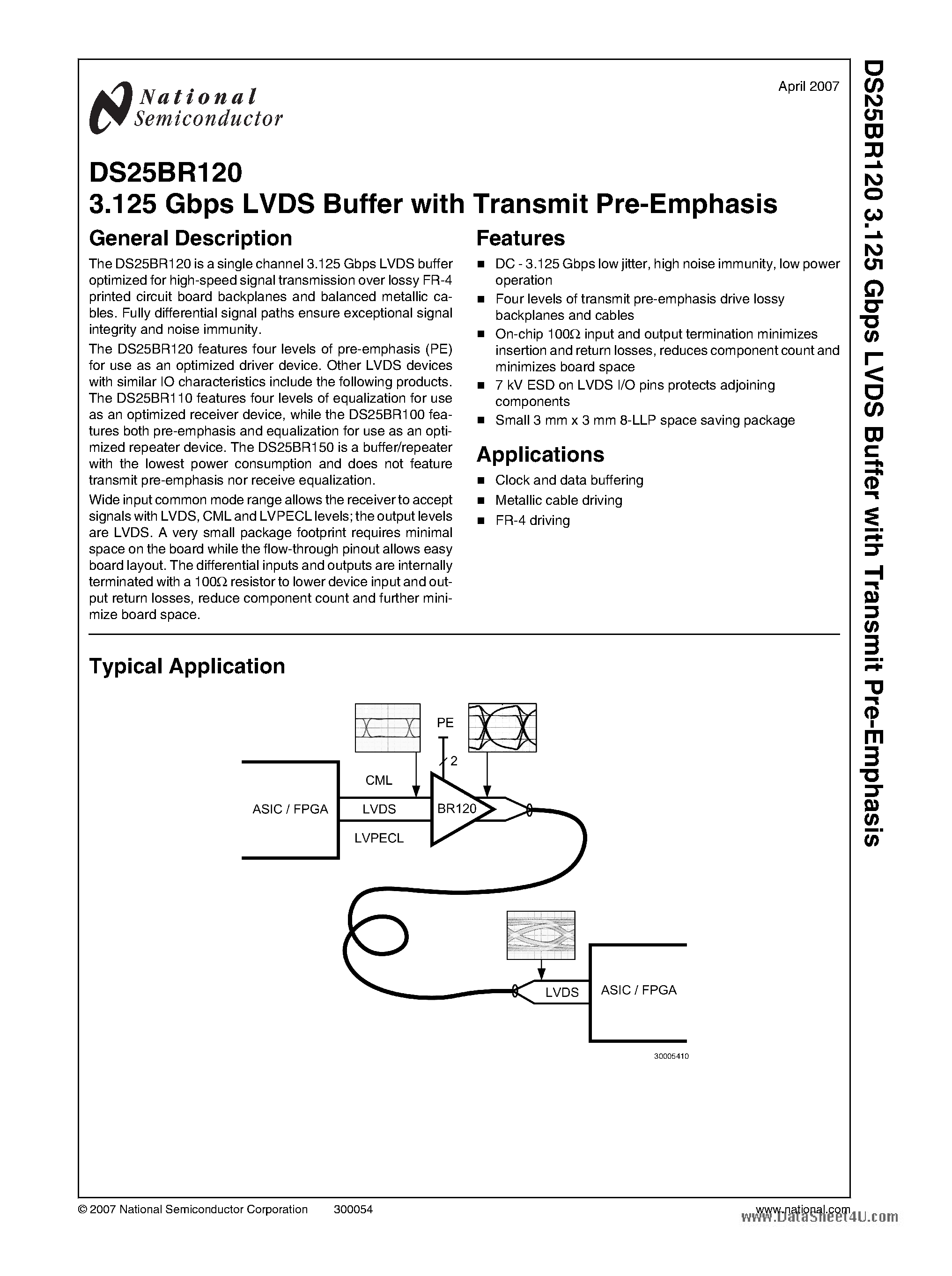 Datasheet DS25BR120 page 1 Datasheet DS25BR120 - 3.125 Gbps LVDS Buffer page 1