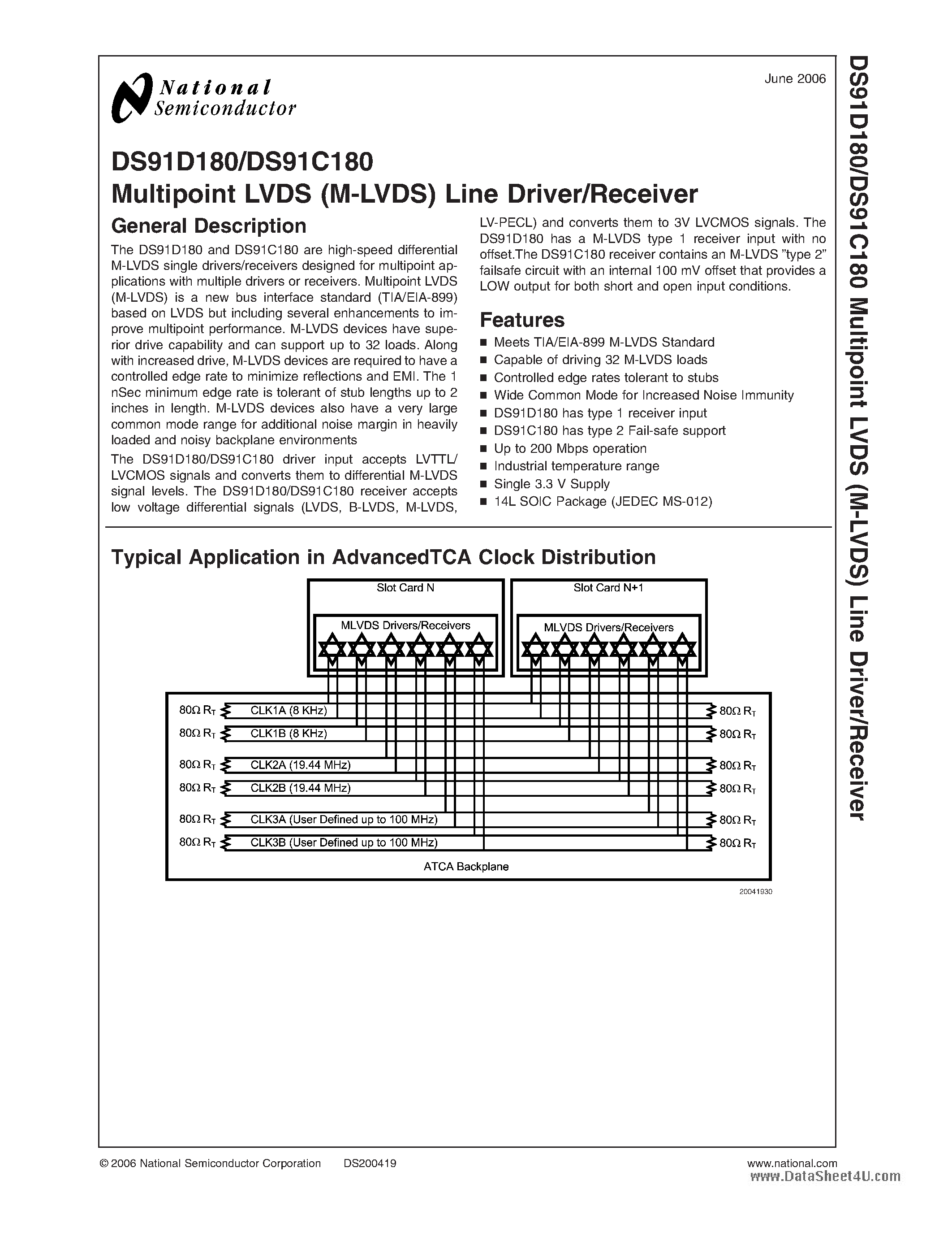 Даташит DS91D180 - (DS91C180 / DS91D180) Multipoint LVDS (M-LVDS) Line Driver/Receiver страница 1