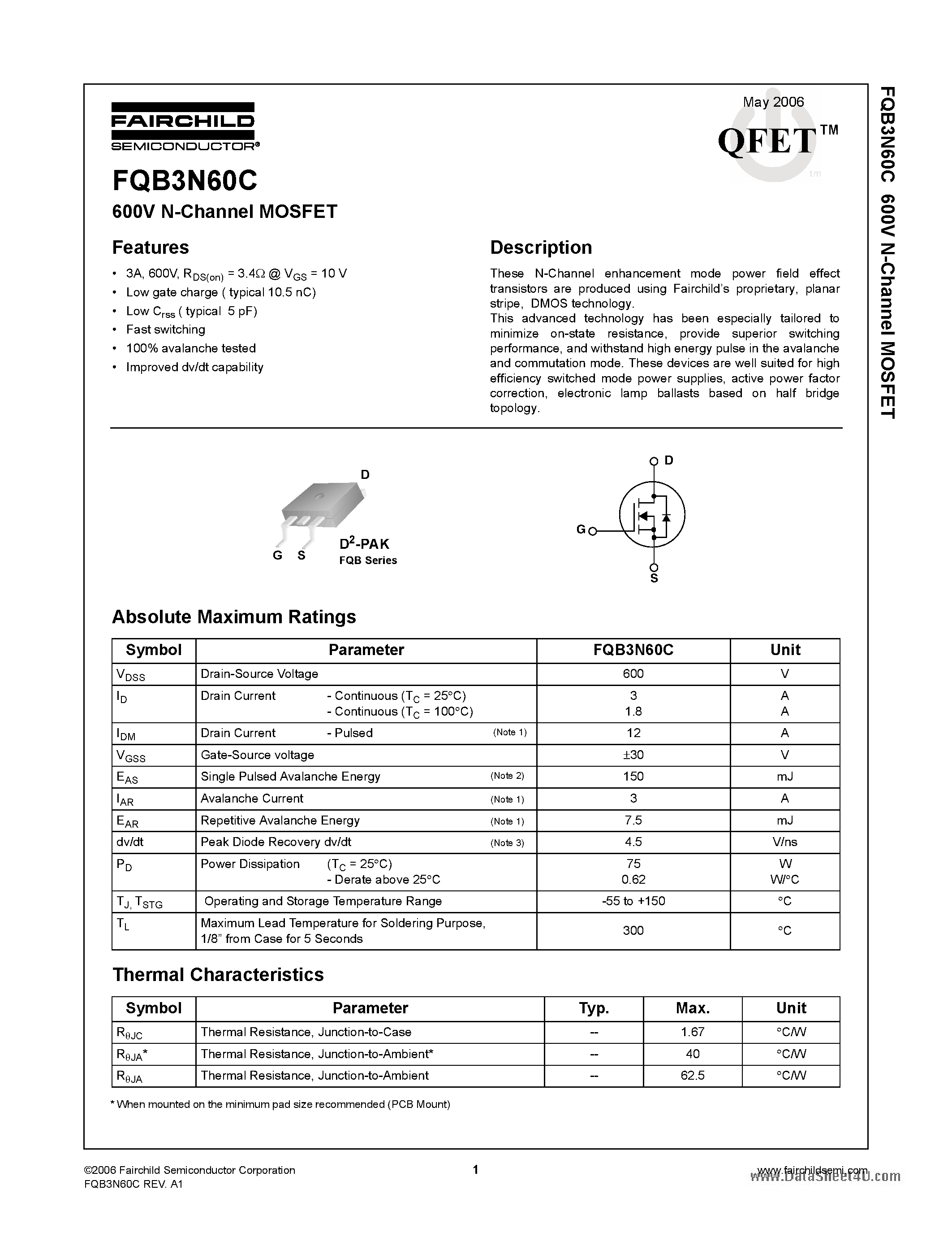 Datasheet FQB3N60C - 600V N-Channel MOSFET page 1