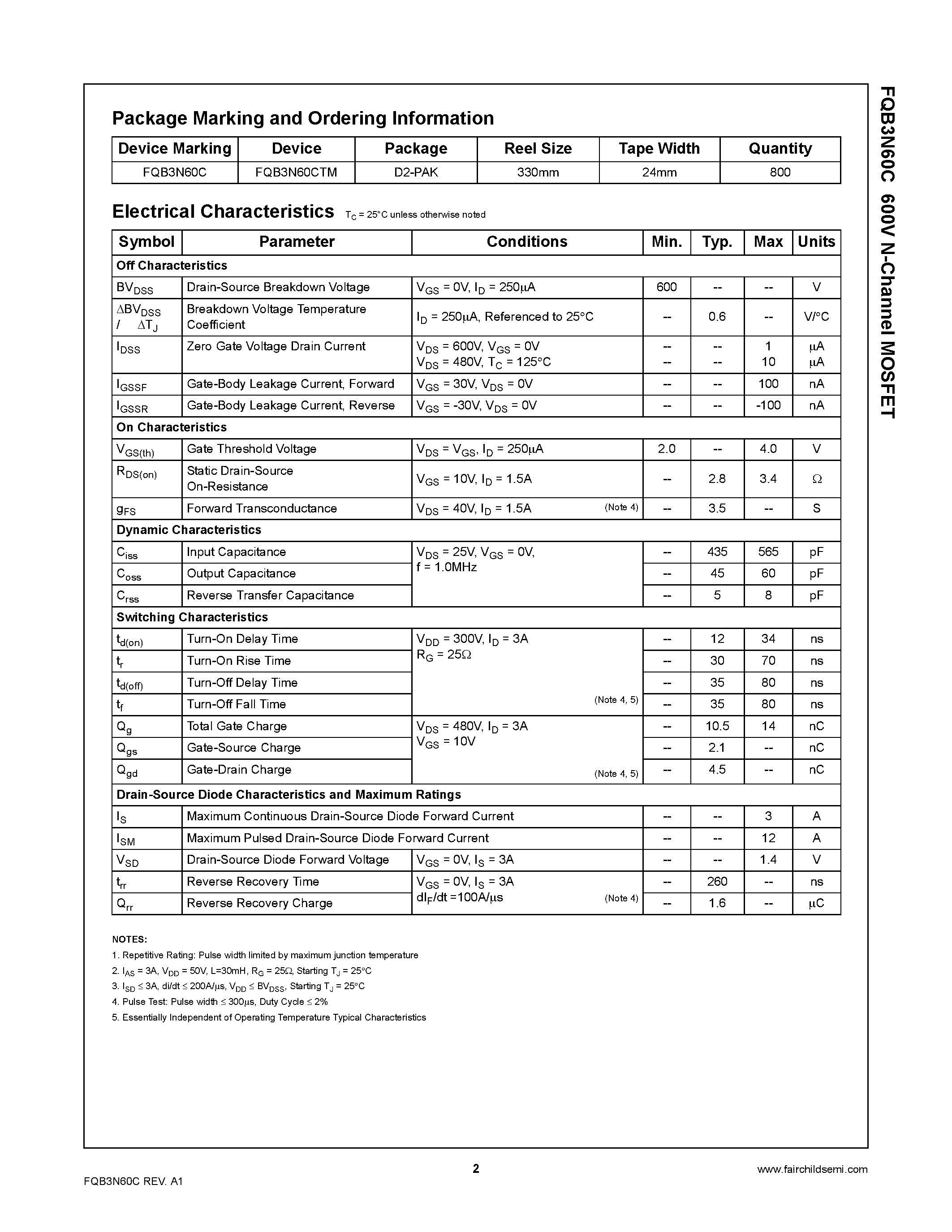 Datasheet FQB3N60C - 600V N-Channel MOSFET page 2