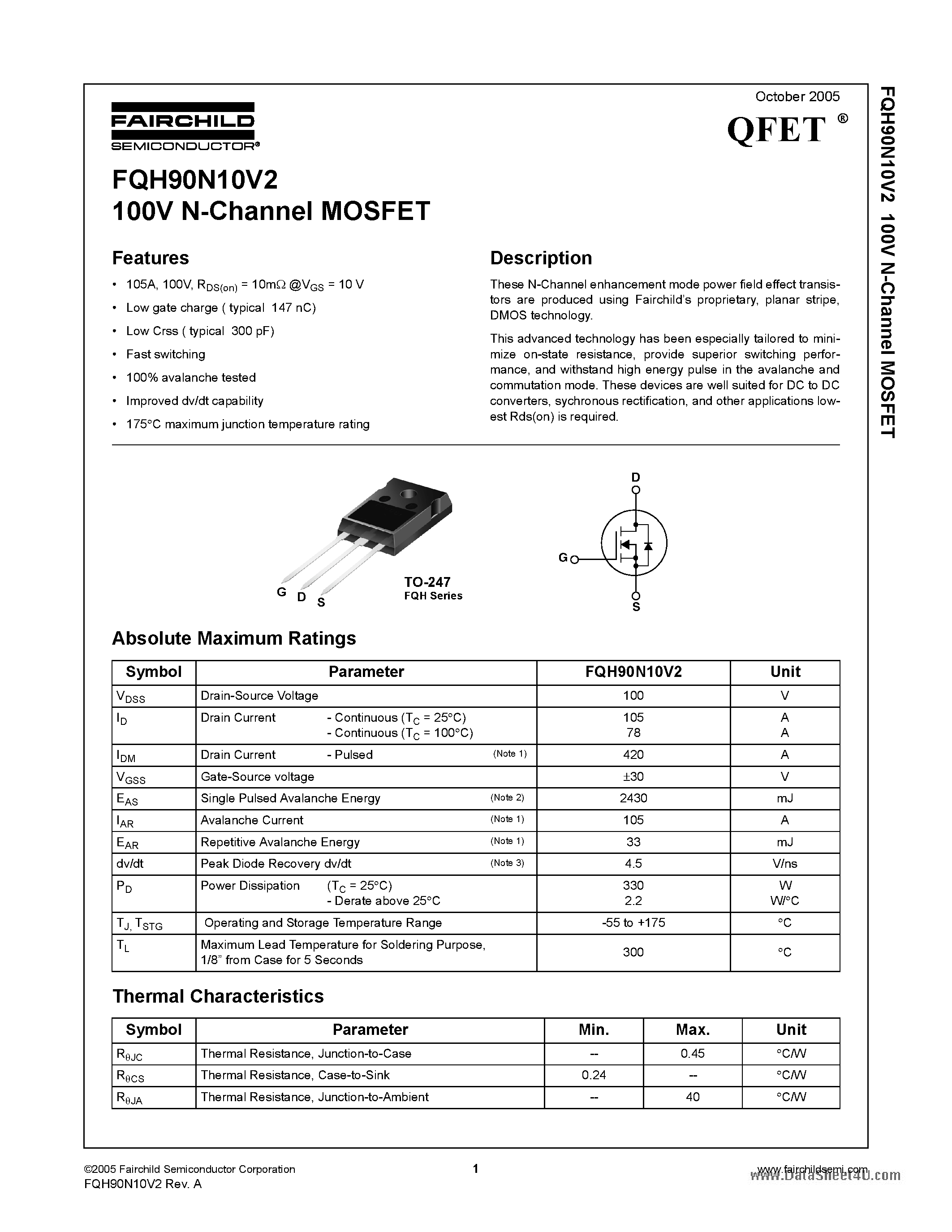 Datasheet FQH90N10V2 - 100V N-Channel MOSFET page 1