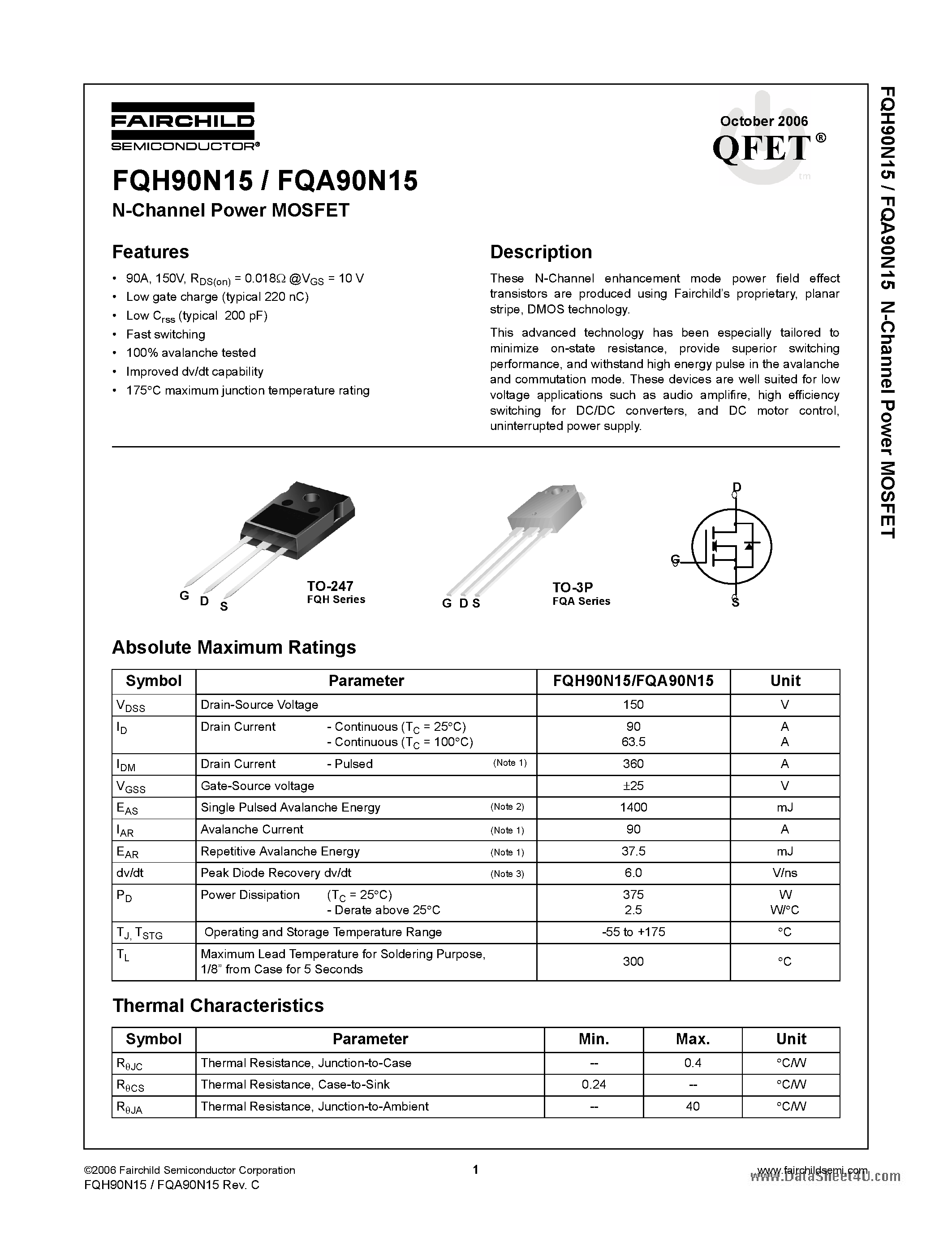 Datasheet FQH90N15 - N-Channel Power MOSFET page 1