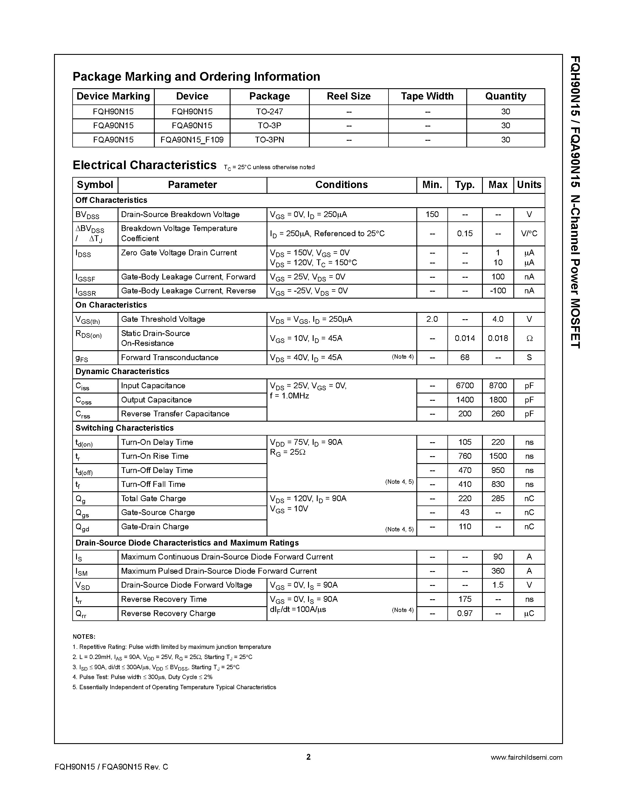 Datasheet FQH90N15 - N-Channel Power MOSFET page 2