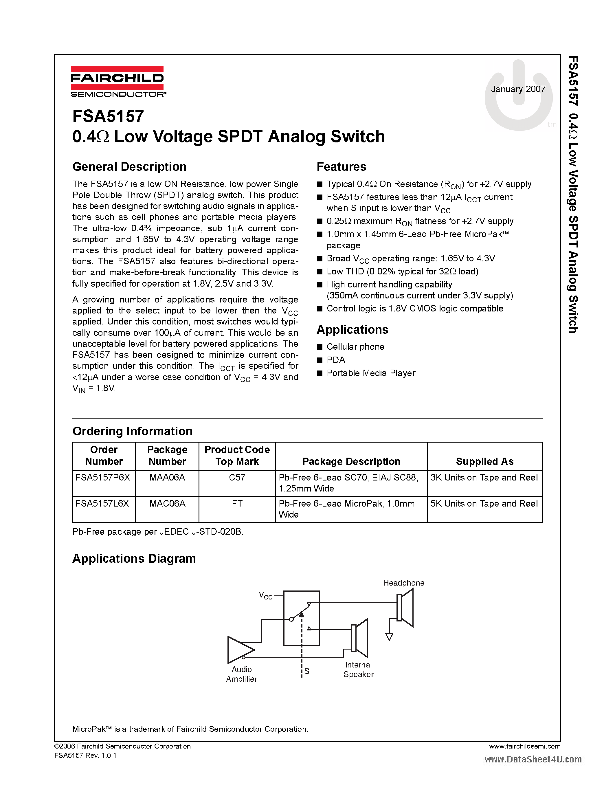 Даташит на микросхему FSA5157 страница 1 Даташит FSA5157 - Low Voltage SPDT Analog Switch страница 1