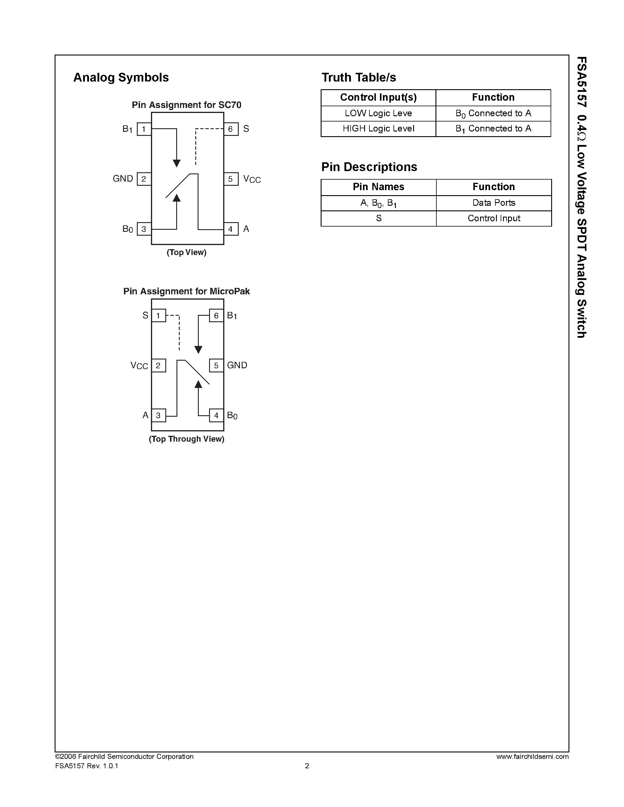Даташит на микросхему FSA5157 страница 2 Даташит FSA5157 - Low Voltage SPDT Analog Switch страница 2