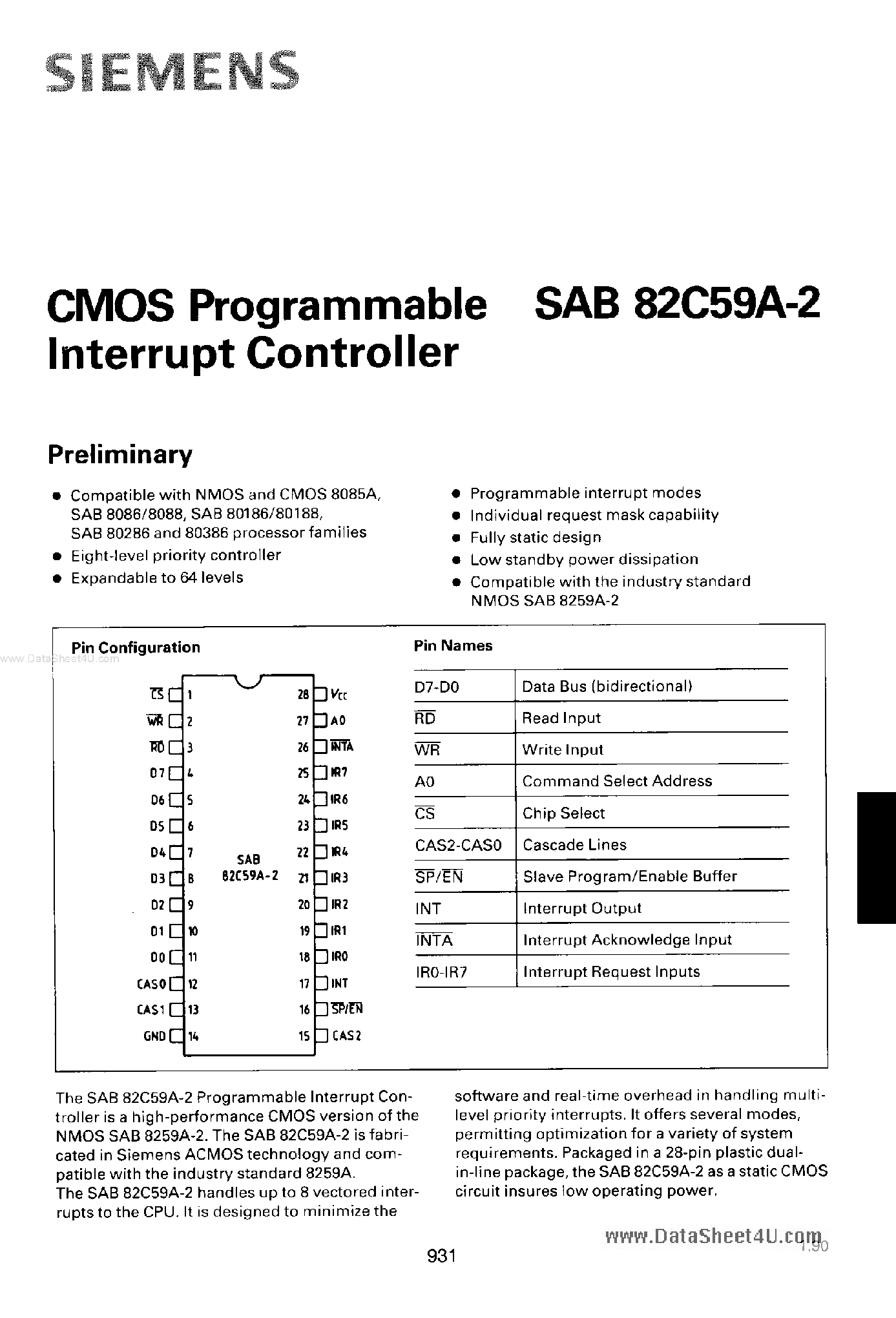Datasheet SAB82C59A-2 - CMOS Programmable Interrupt Controller page 1