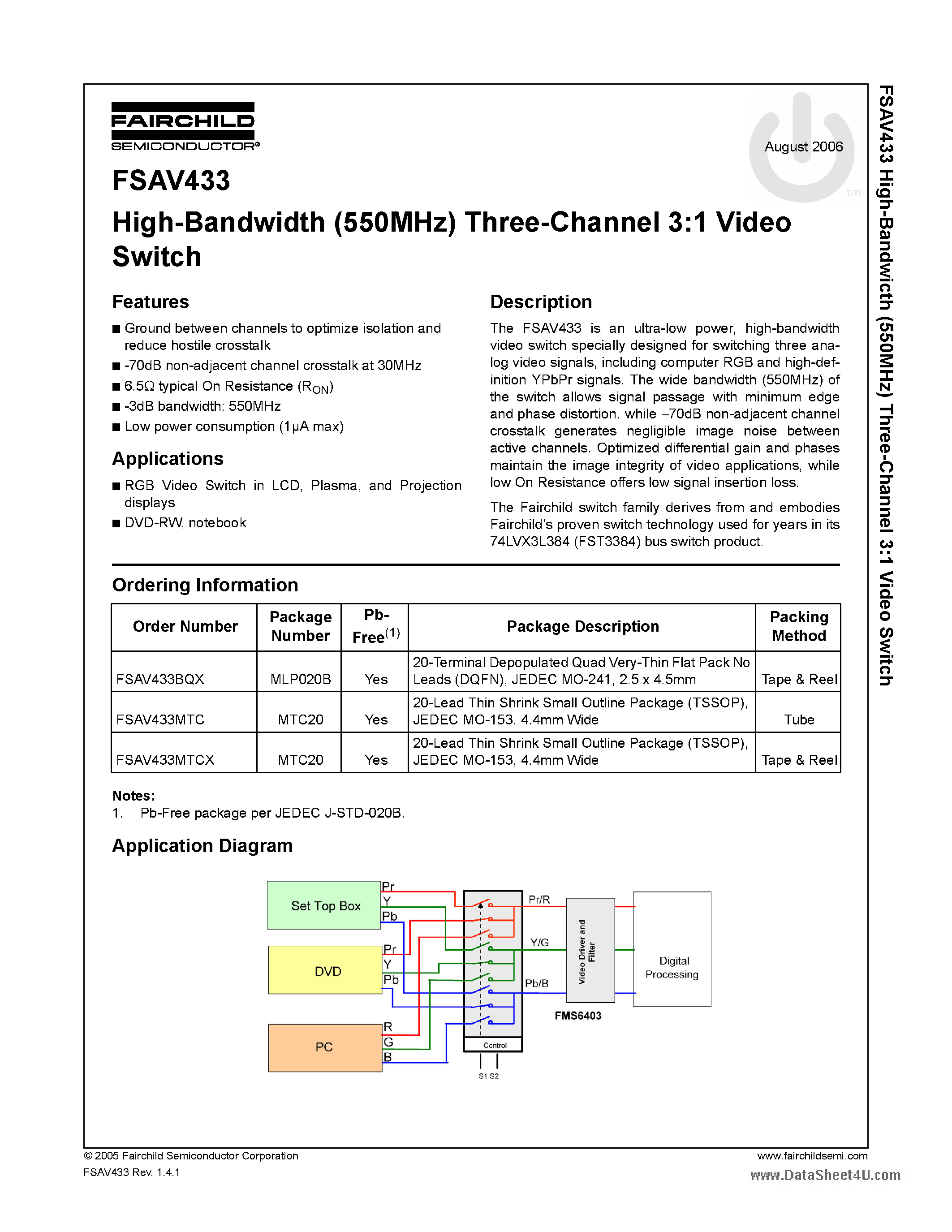Даташит FSAV433 - High-Bandwidth (550MHz) Three-Channel 3:1 Video Switch страница 1