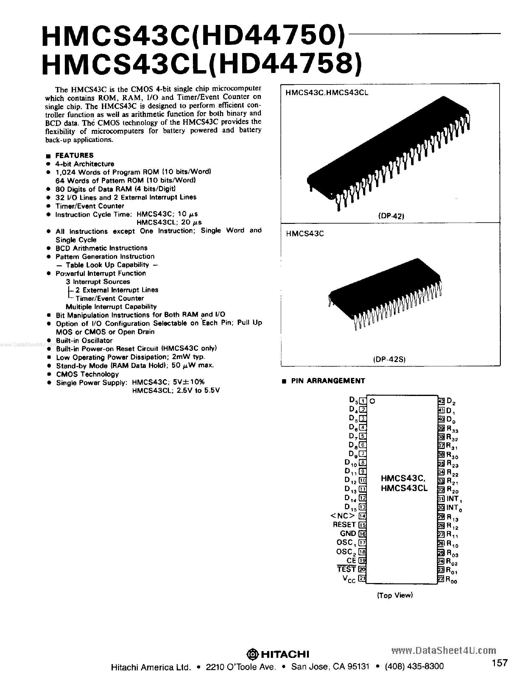 Datasheet HD44750 page 1 Datasheet HD44750 - (HD44750 / HD44758) CMOS 4-Bit Microcomputer page 1
