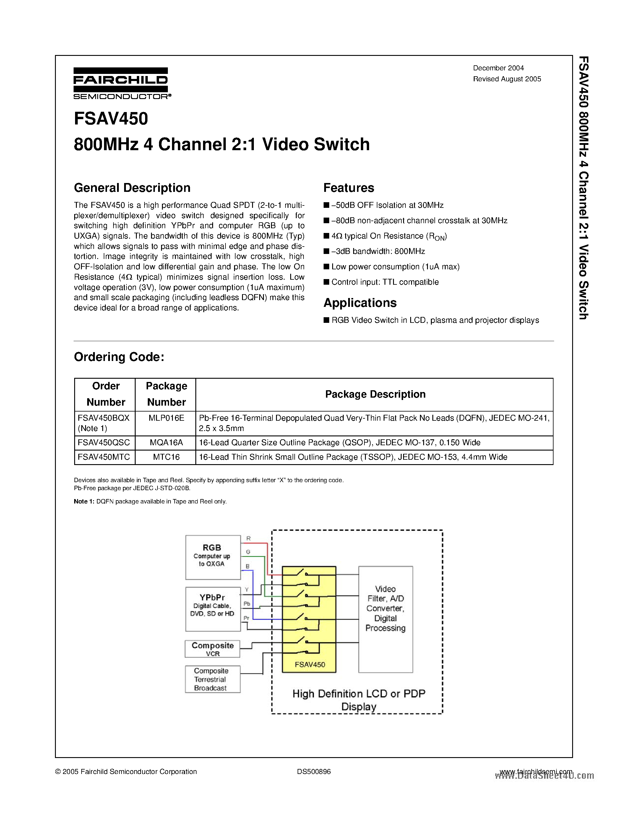 Даташит FSAV450 - 800MHz 4 Channel 2:1 Video Switch страница 1