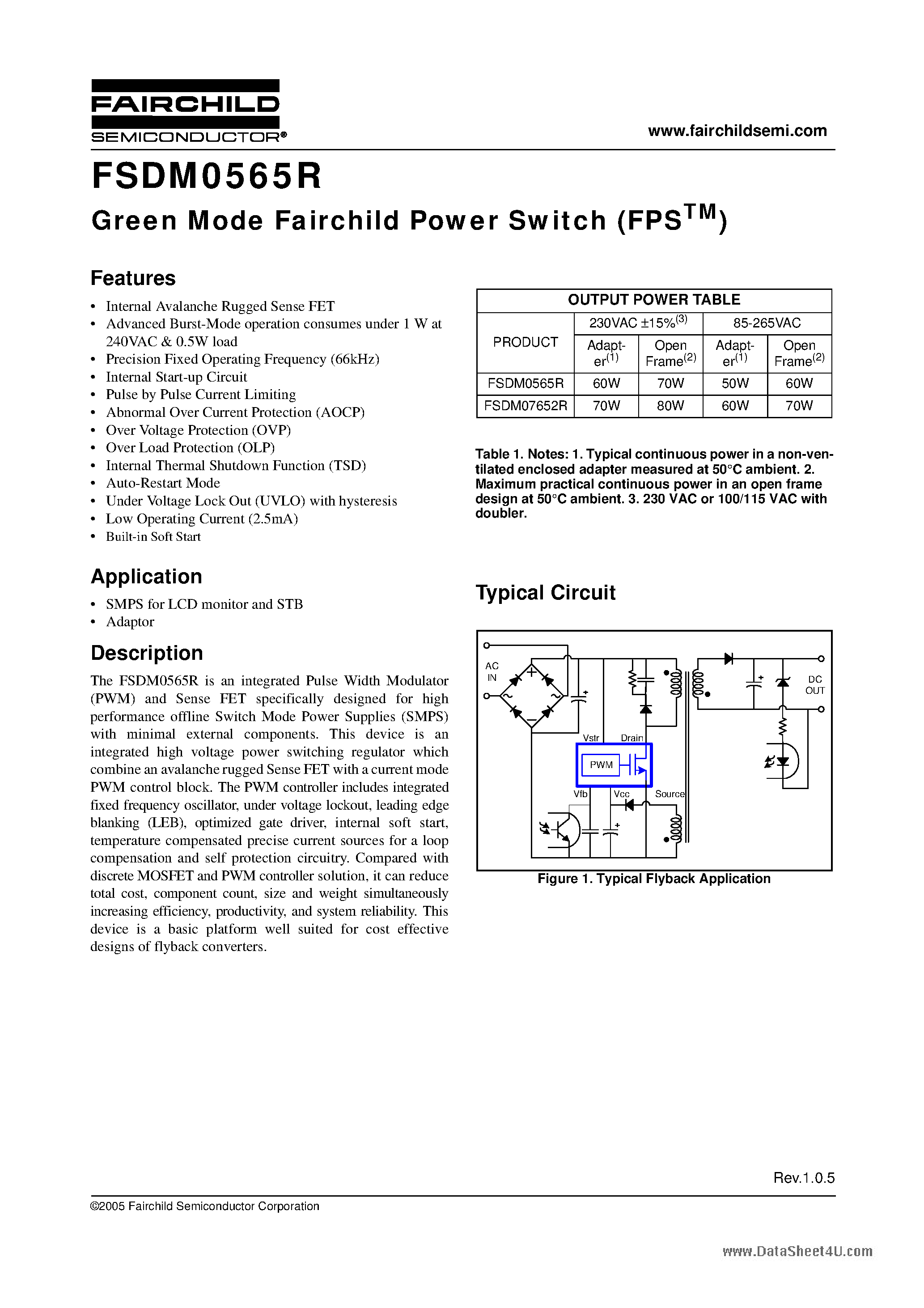 Даташит FSDM0565R - Green Mode Fairchild Power Switch страница 1
