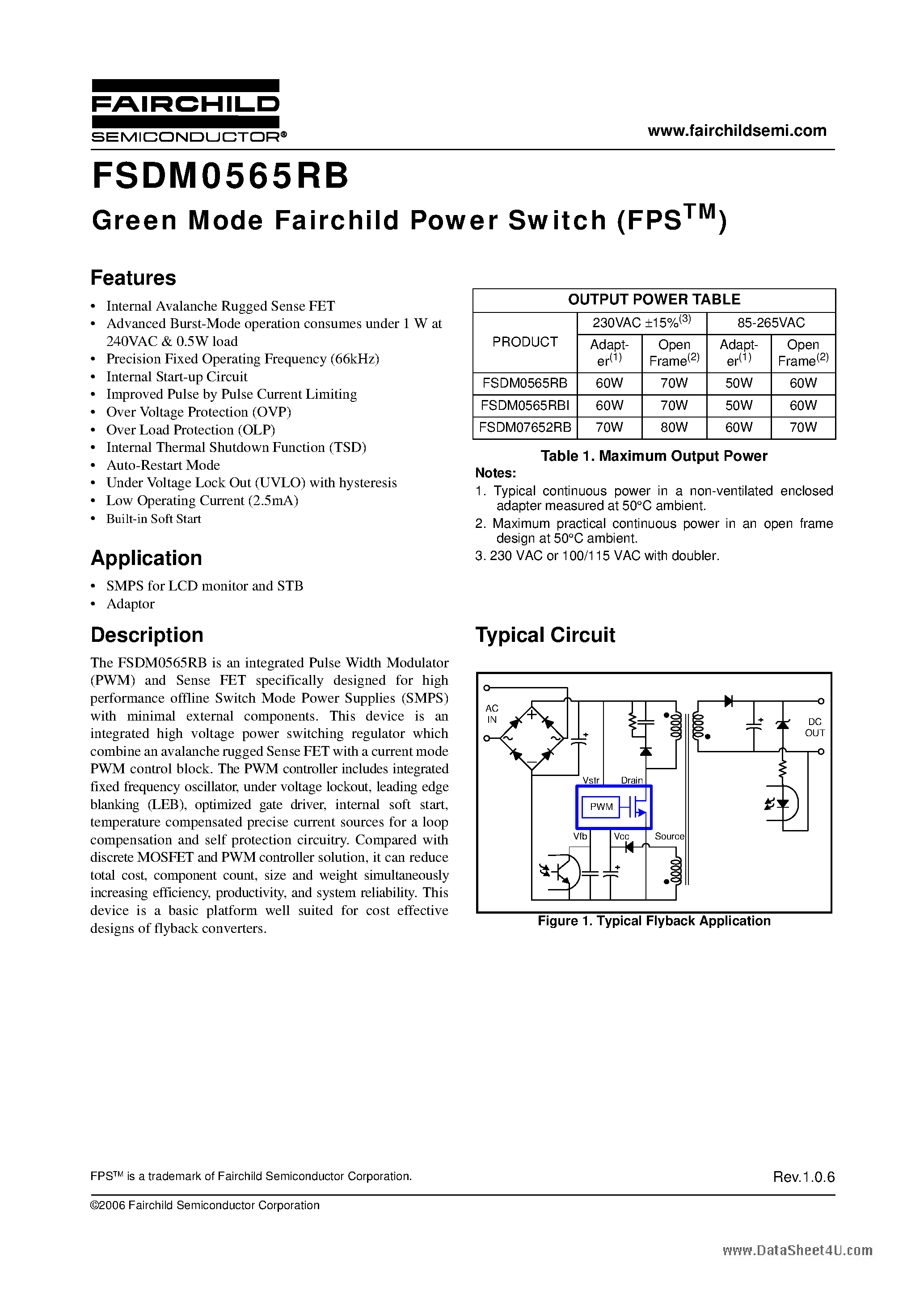 Даташит FSDM0565RB - Green Mode Fairchild Power Switch страница 1