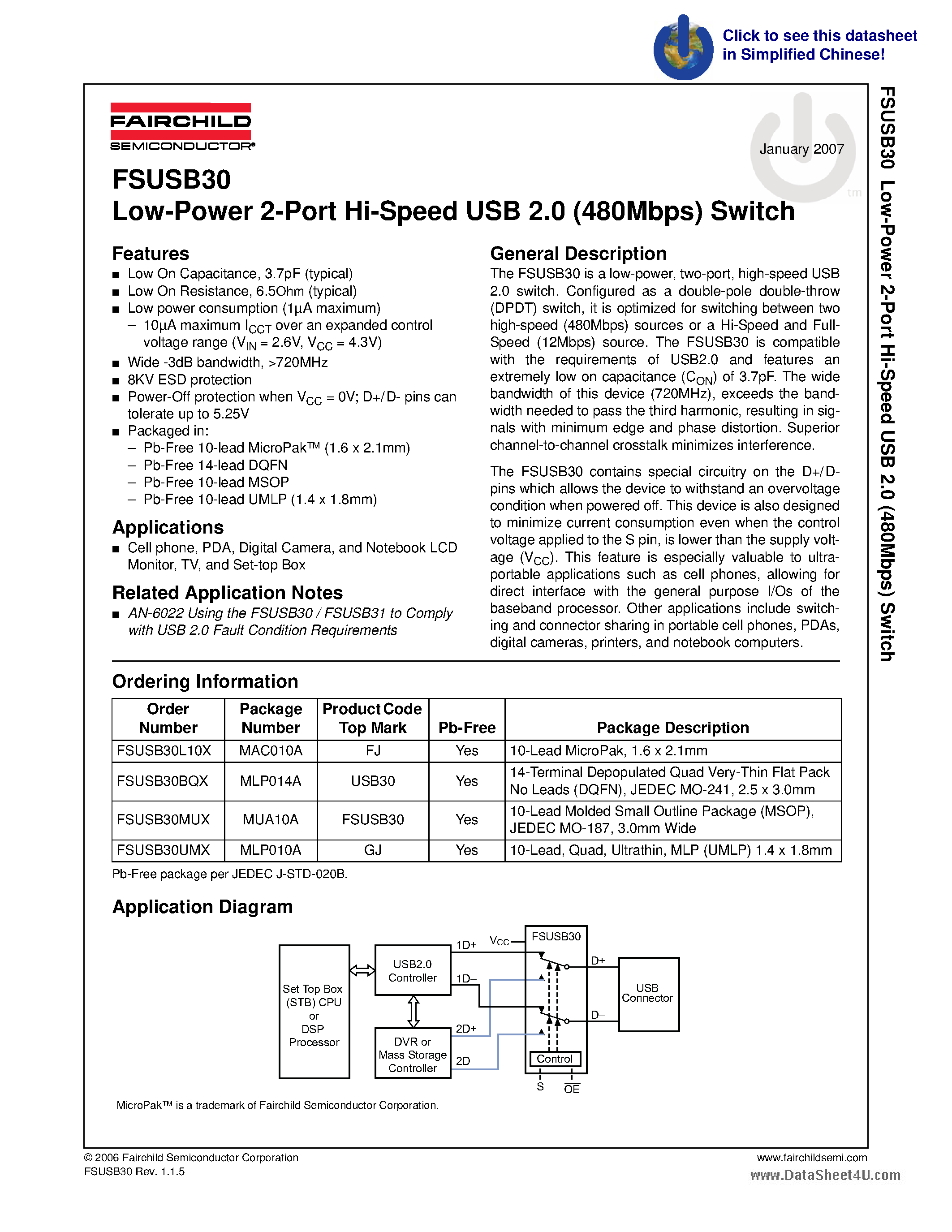 Datasheet FSUSB30 - Low-Power 2-Port Hi-Speed USB 2.0 (480Mbps) Switch page 1