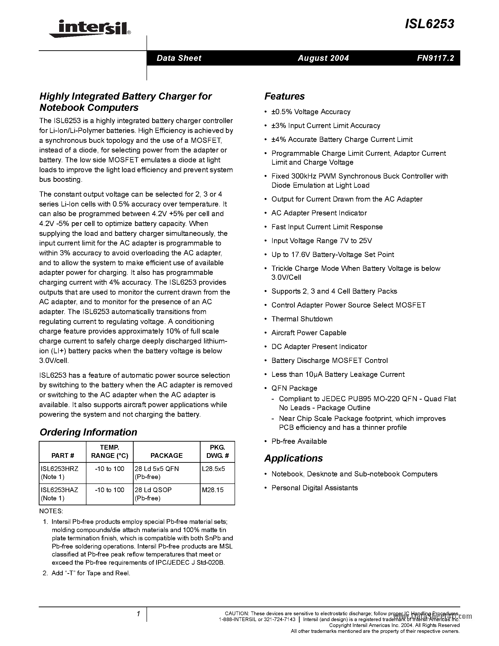 Datasheet ISL6253 page 1 Datasheet ISL6253 - Highly Integrated Battery Charger page 1