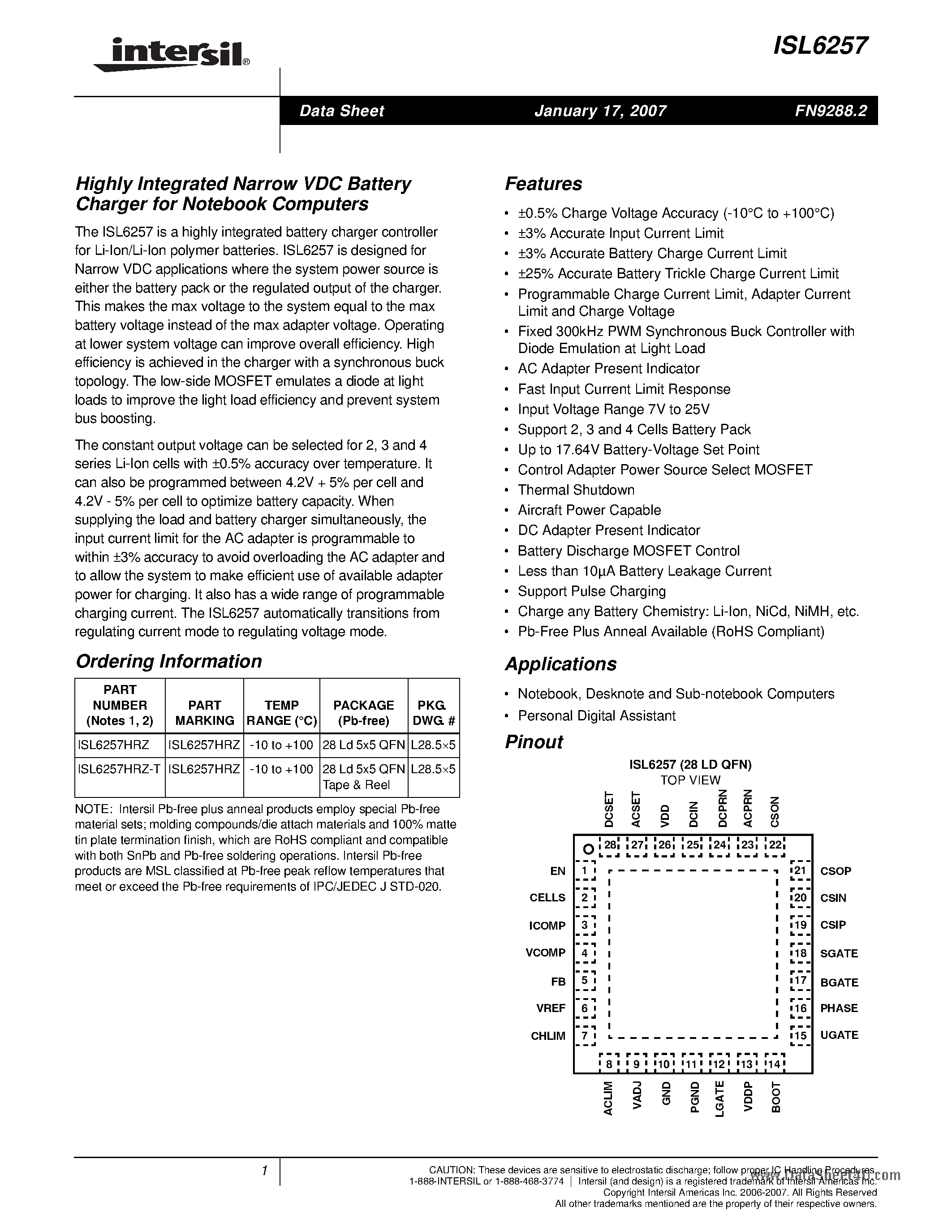 Datasheet ISL6257 page 1 Datasheet ISL6257 - Highly Integrated Narrow VDC Battery Charger page 1