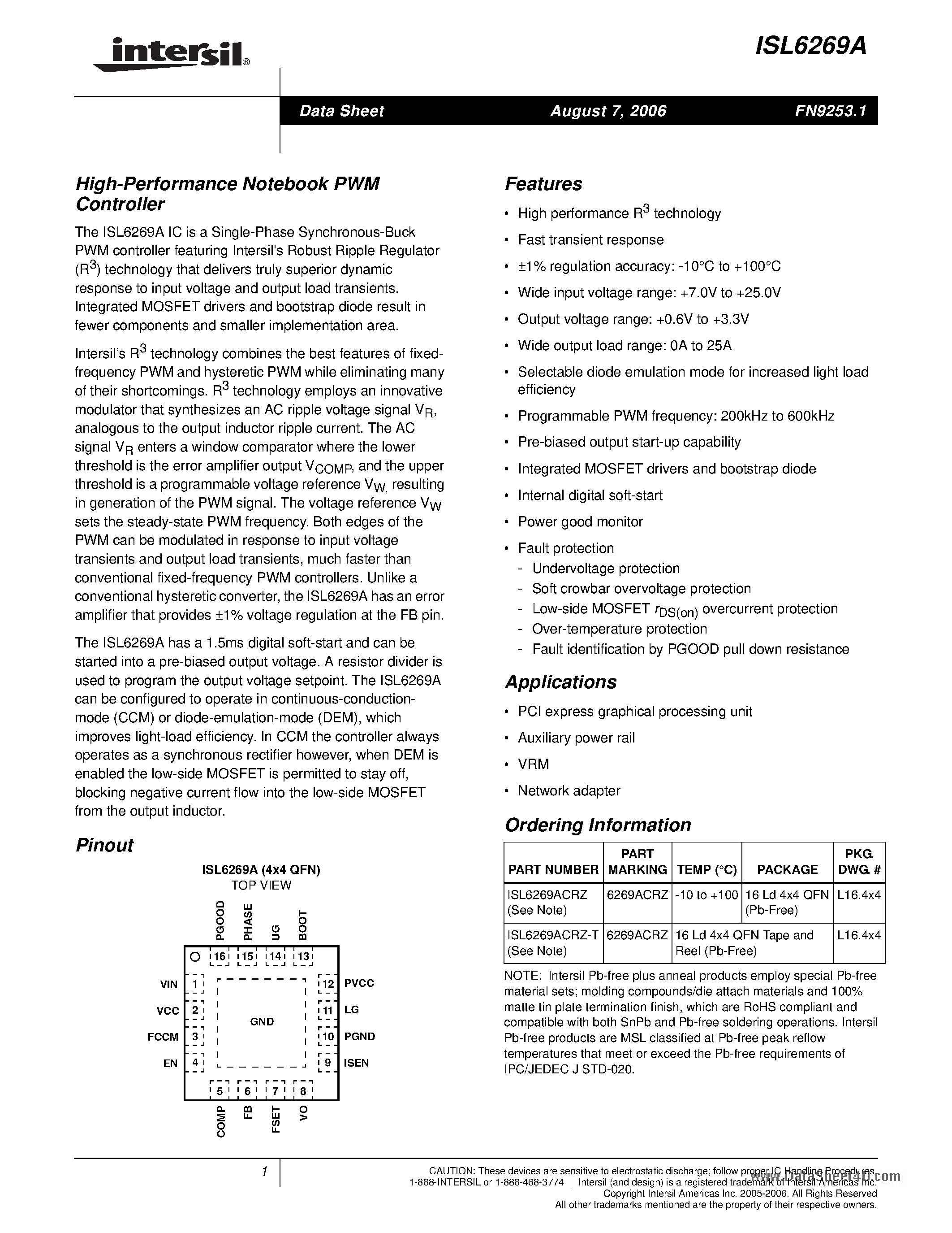 Datasheet ISL6269A - High-Performance Notebook PWM Controller page 1