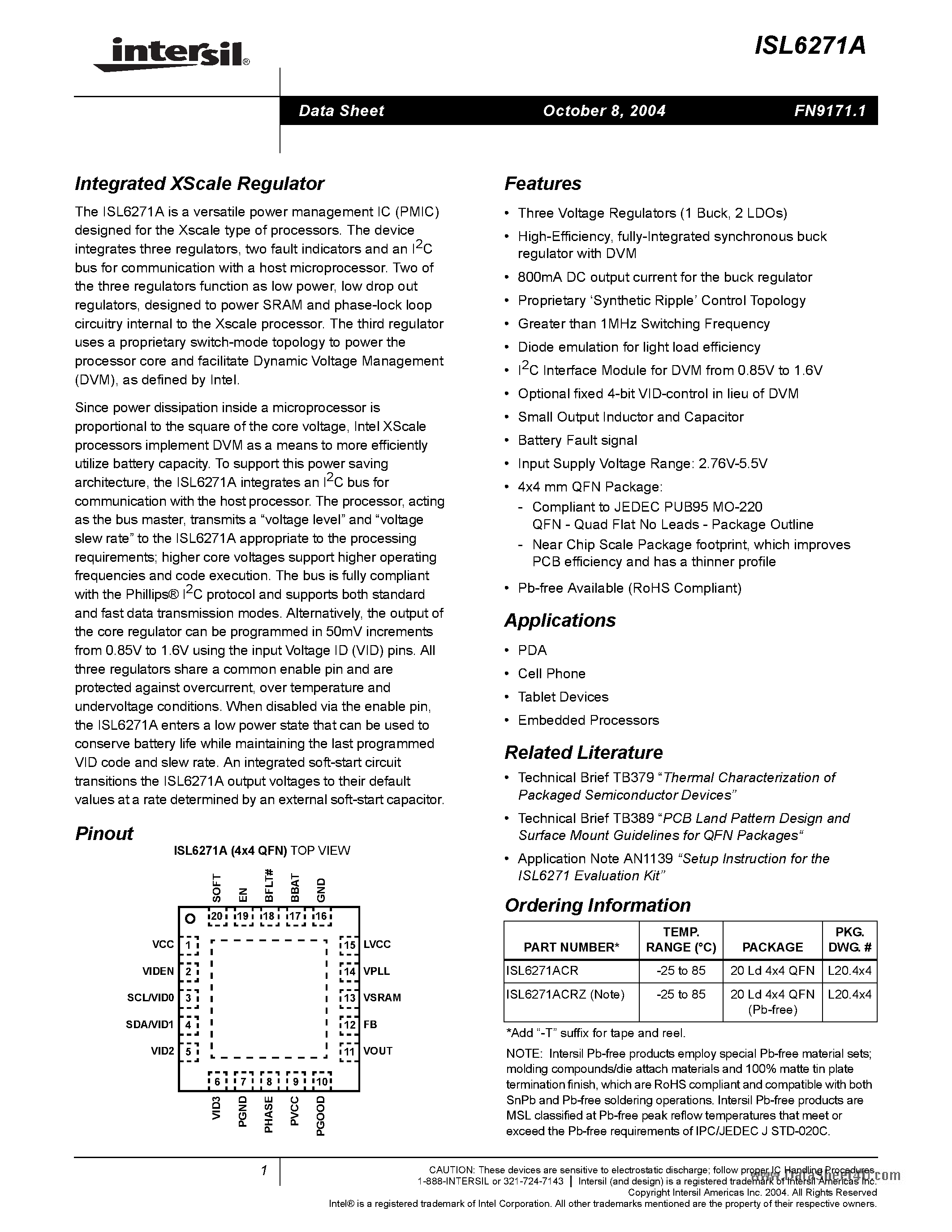 Datasheet ISL6271A - Integrated XScale Regulator page 1