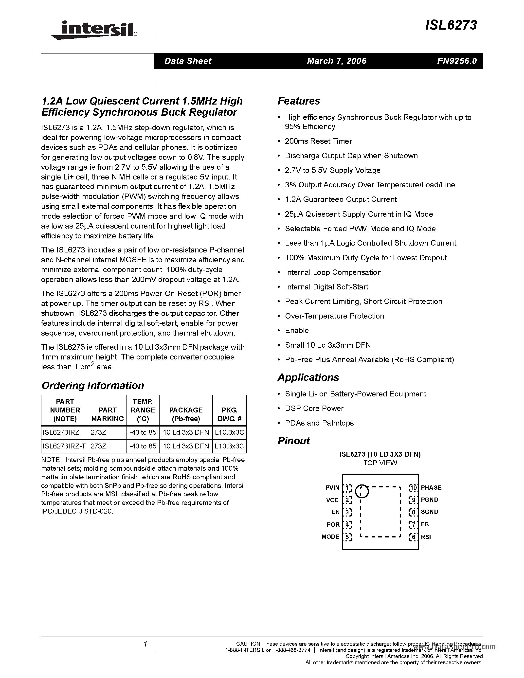 Datasheet ISL6273 - 1.2A Low Quiescent Current 1.5MHz High Efficiency Synchronous Buck Regulator page 1