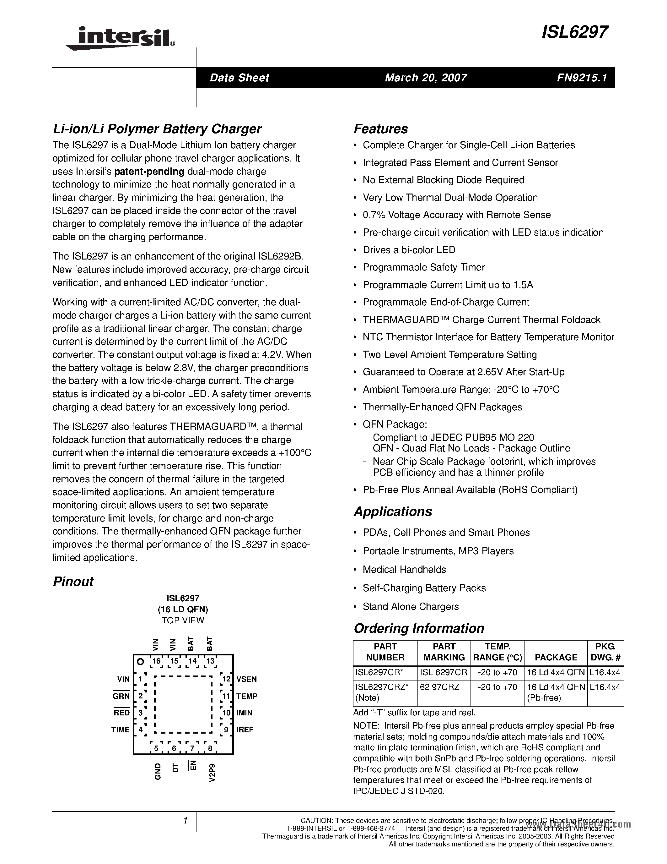 Datasheet ISL6297 - Li-ion/Li Polymer Battery Charger page 1