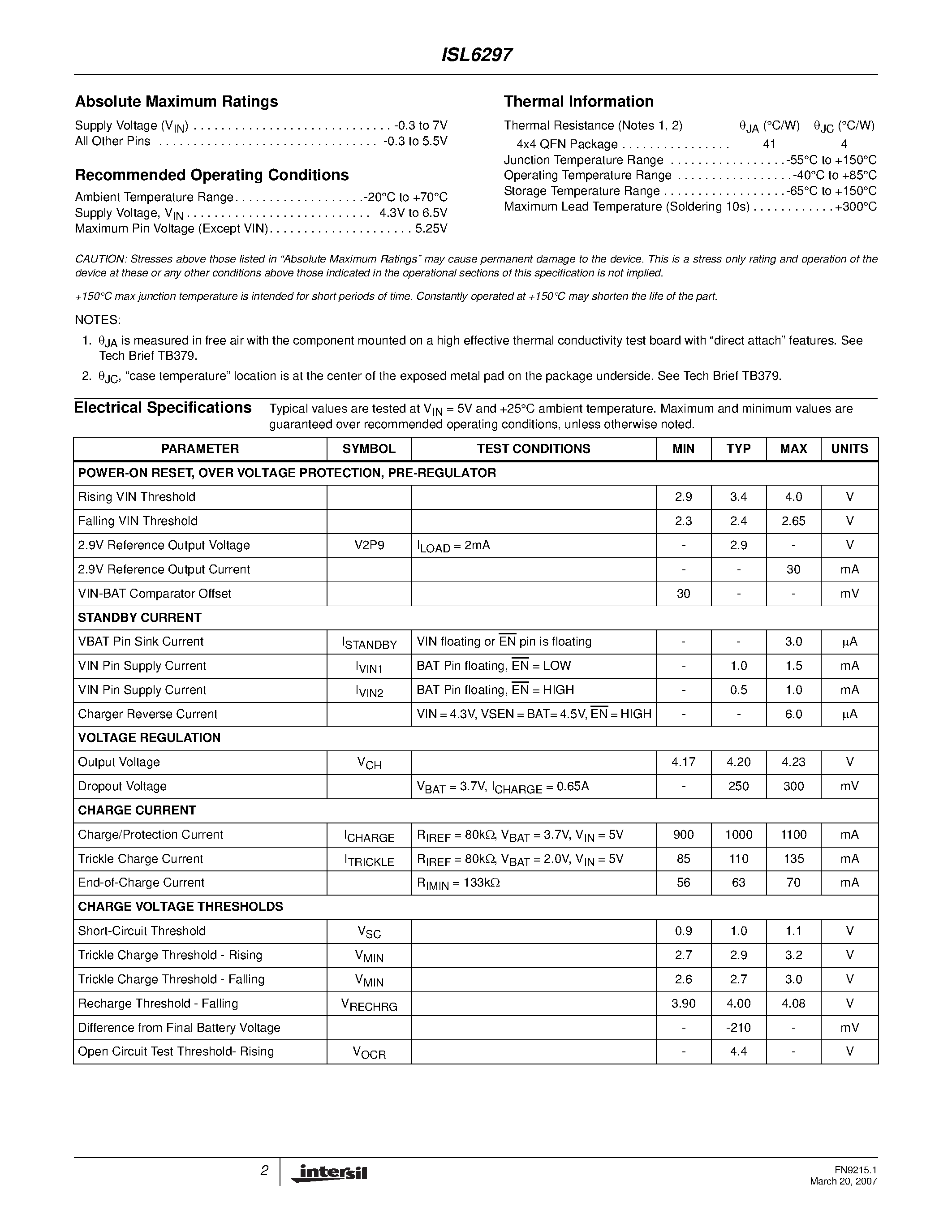 Datasheet ISL6297 - Li-ion/Li Polymer Battery Charger page 2