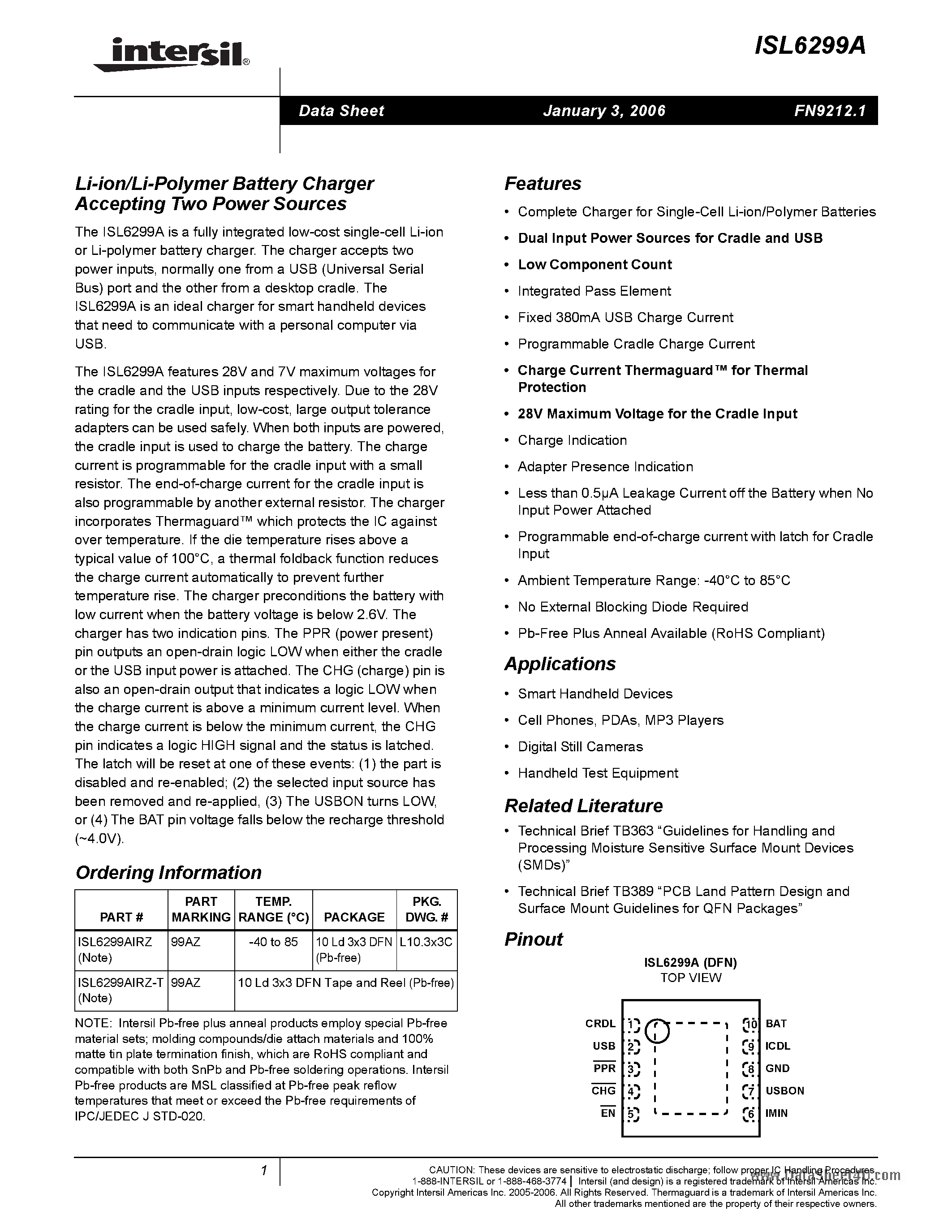 Datasheet ISL6299A - Li-ion/Li-Polymer Battery Charger Accepting Two Power Sources page 1