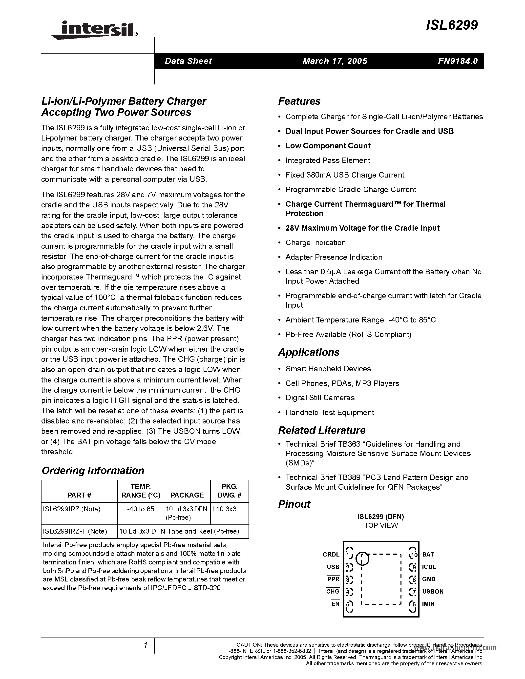 Datasheet ISL6299 - Li-ion/Li-Polymer Battery Charger Accepting Two Power Sources page 1