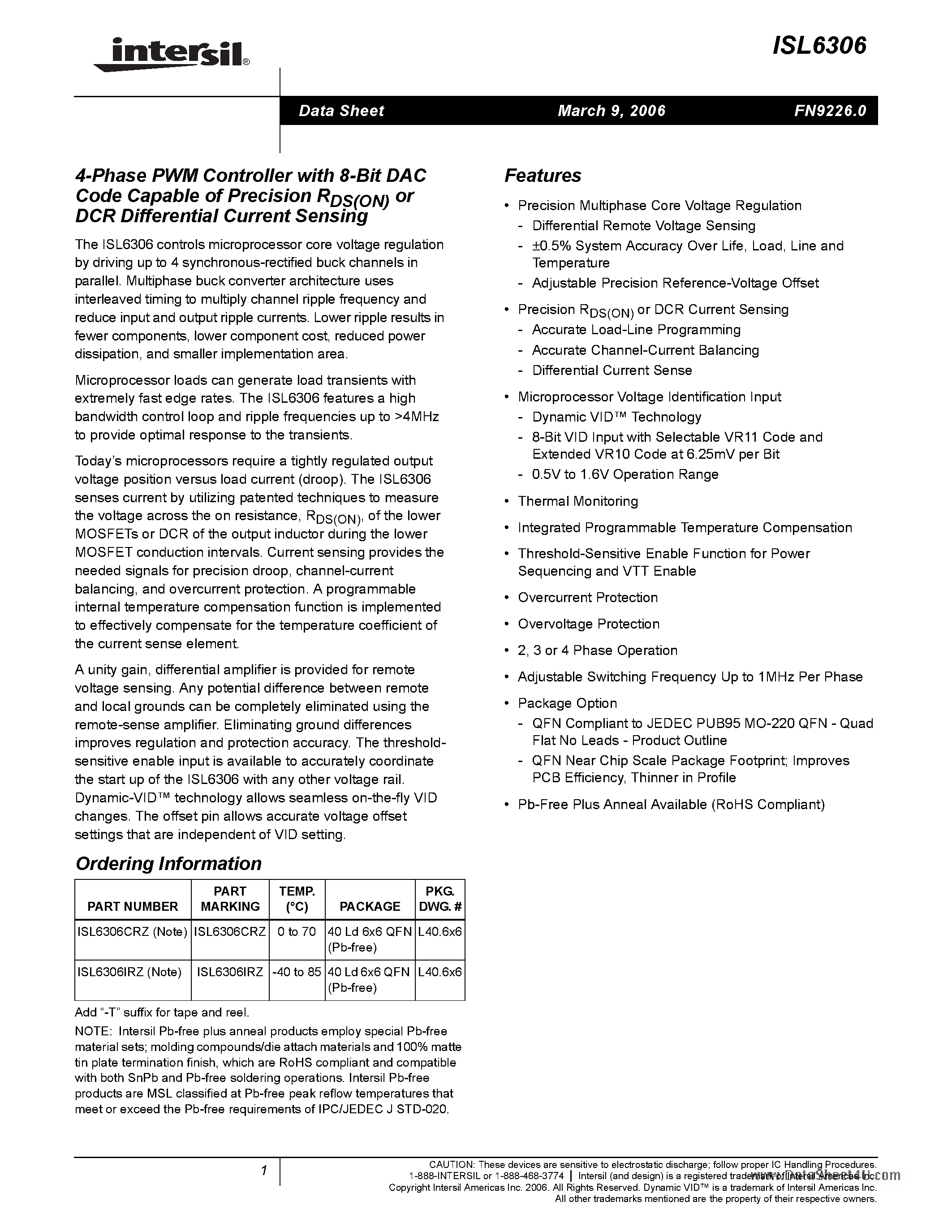 Даташит ISL6306 - 4-Phase PWM Controller страница 1