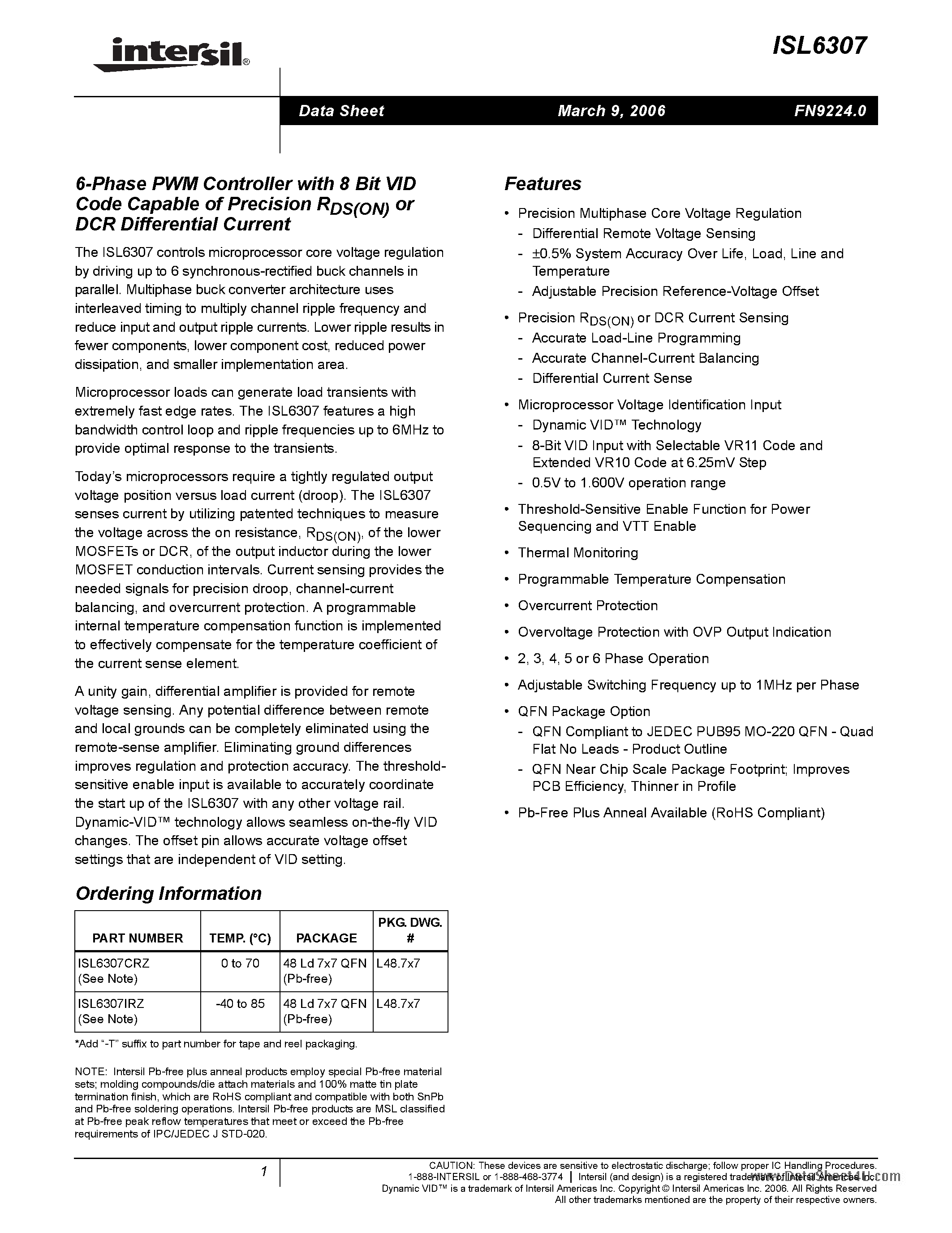Datasheet ISL6307 page 1 Datasheet ISL6307 - 6-Phase PWM Controller page 1