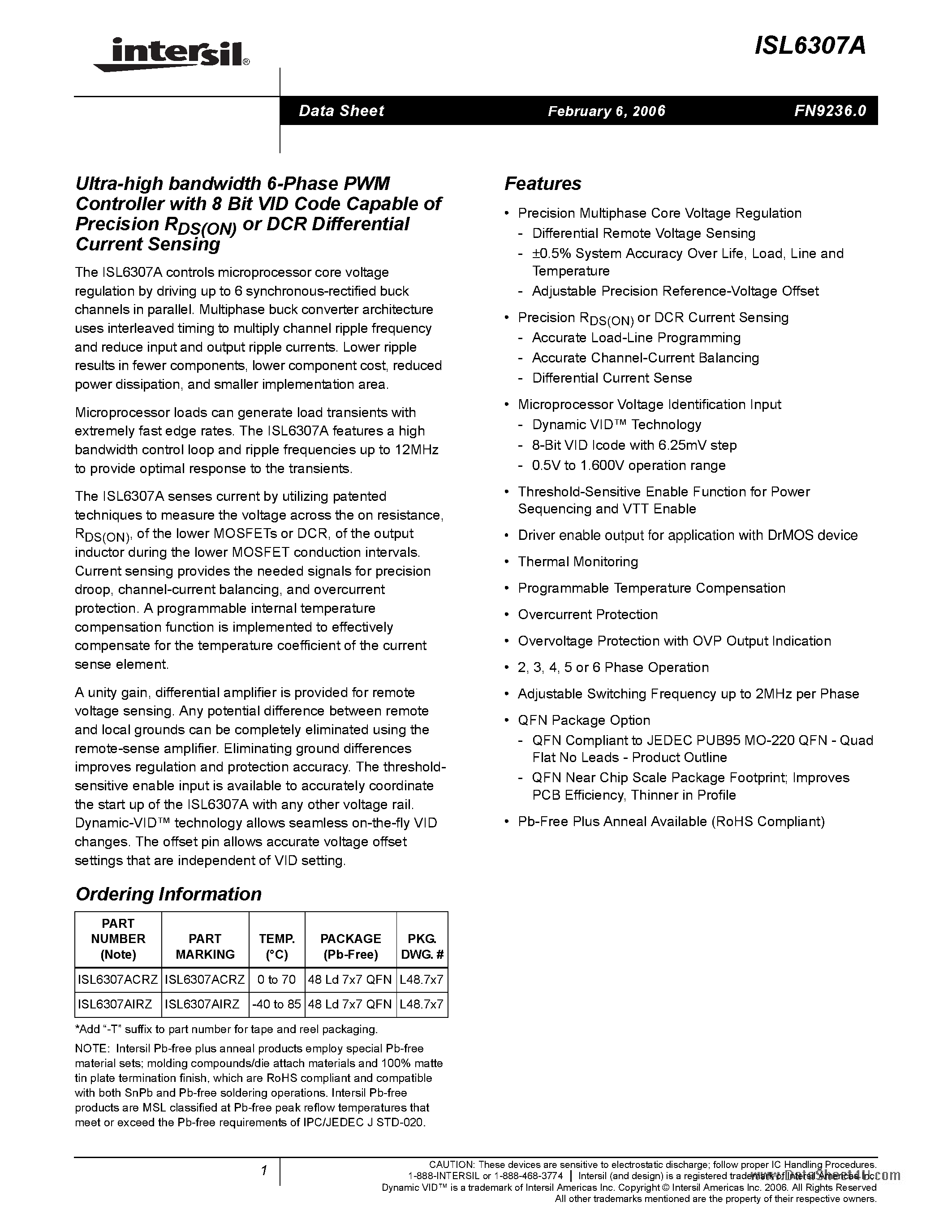 Datasheet ISL6307A - Ultra-high bandwidth 6-Phase PWM Controller page 1