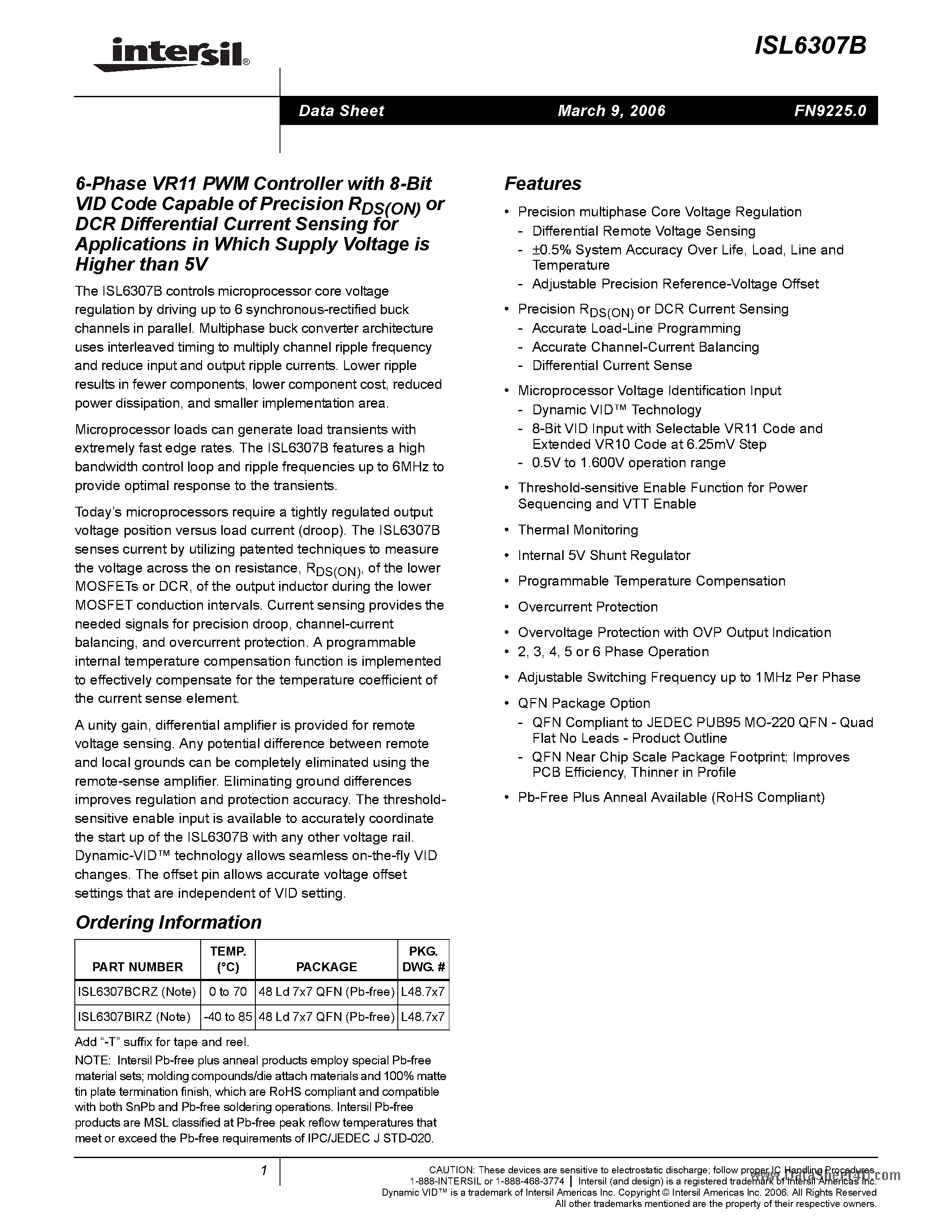Datasheet ISL6307B - 6-Phase VR11 PWM Controller page 1