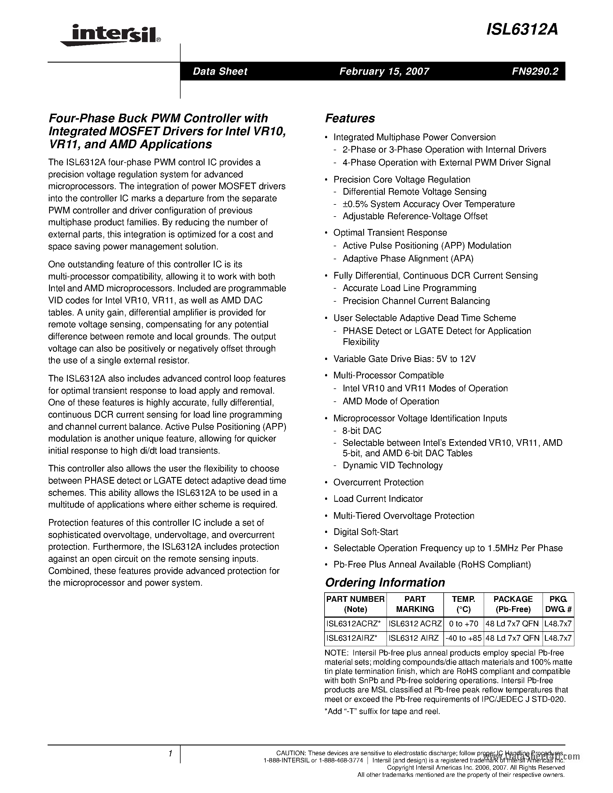 Datasheet ISL6312A - Four-Phase Buck PWM Controller page 1