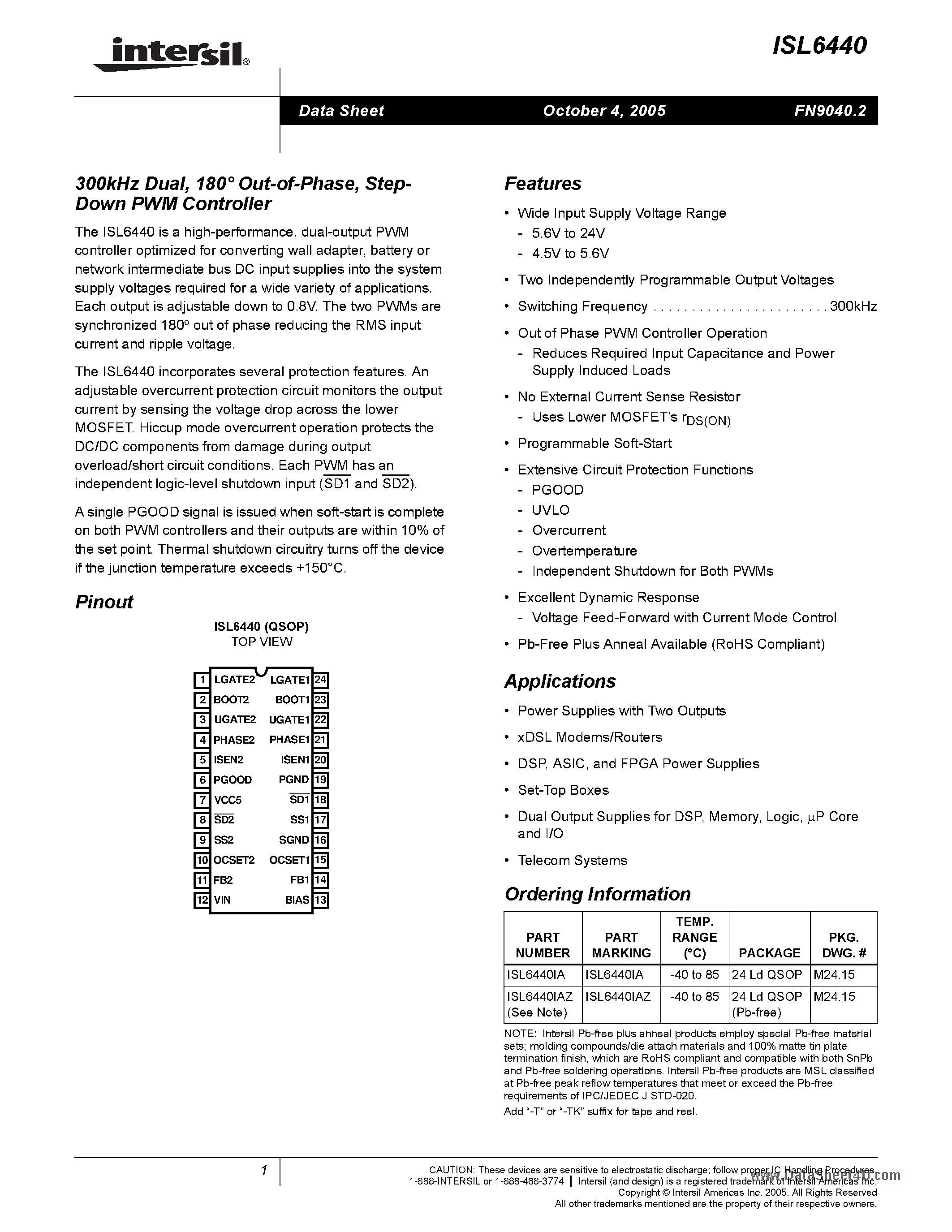 Datasheet ISL6440 page 1 Datasheet ISL6440 - Step-Down PWM Controller page 1