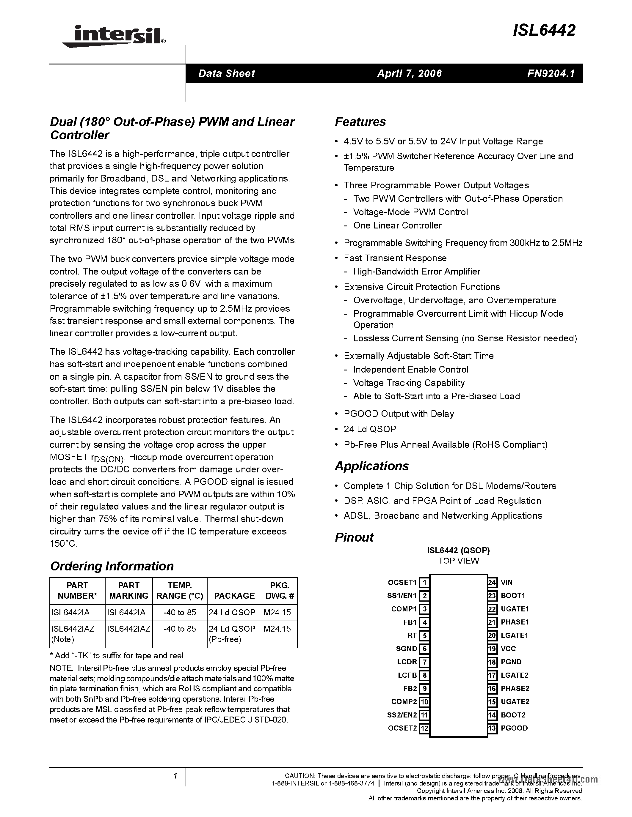 Datasheet ISL6442 page 1 Datasheet ISL6442 - PWM and Linear Controller page 1