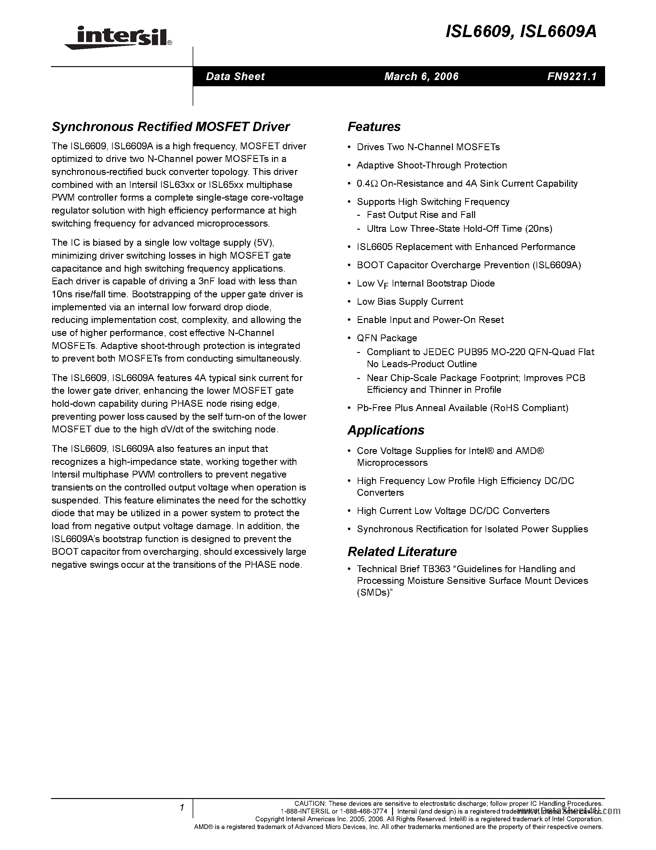 Datasheet ISL6609A page 1 Datasheet ISL6609A - Synchronous Rectified MOSFET Driver page 1