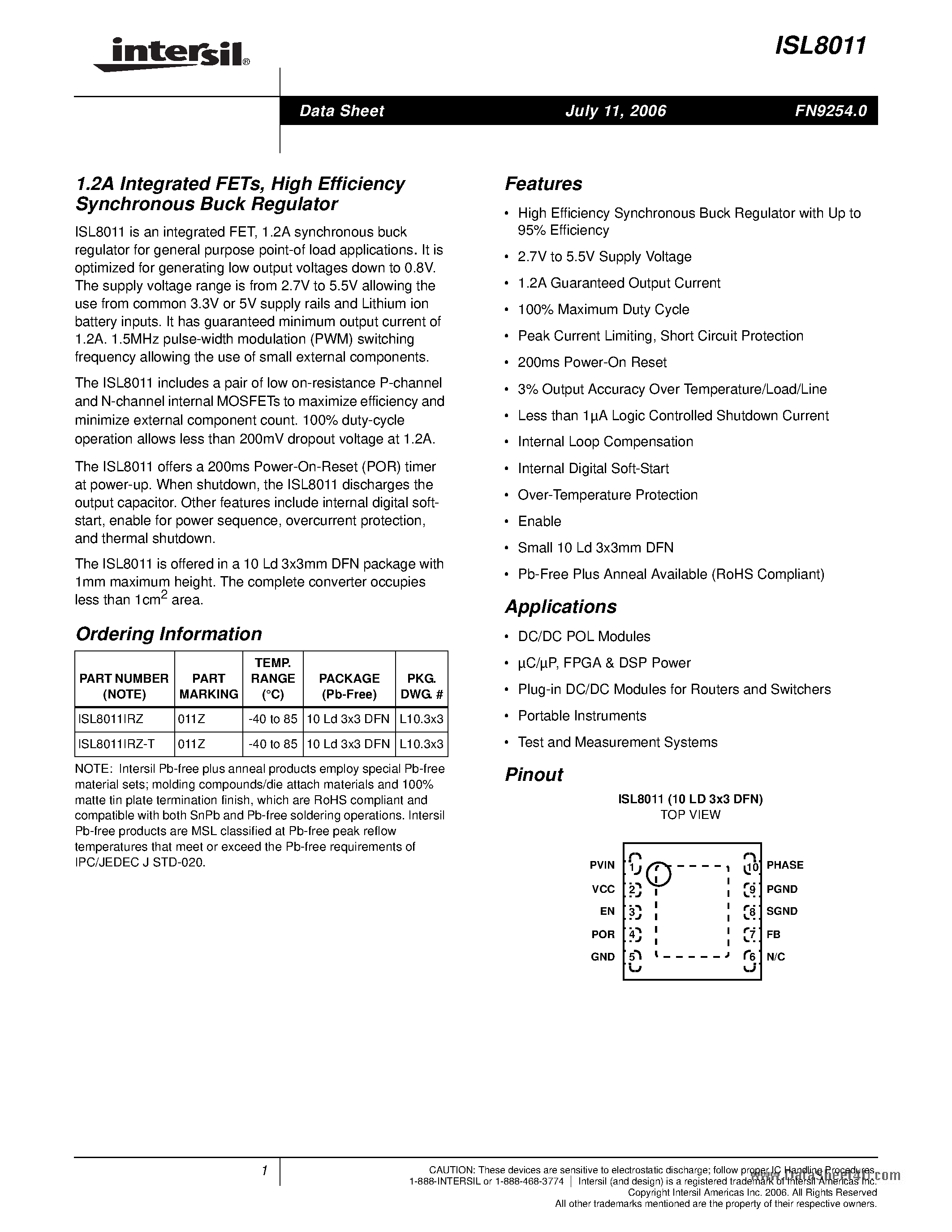 Datasheet ISL8011 page 1 Datasheet ISL8011 - High Efficiency Synchronous Buck Regulator page 1
