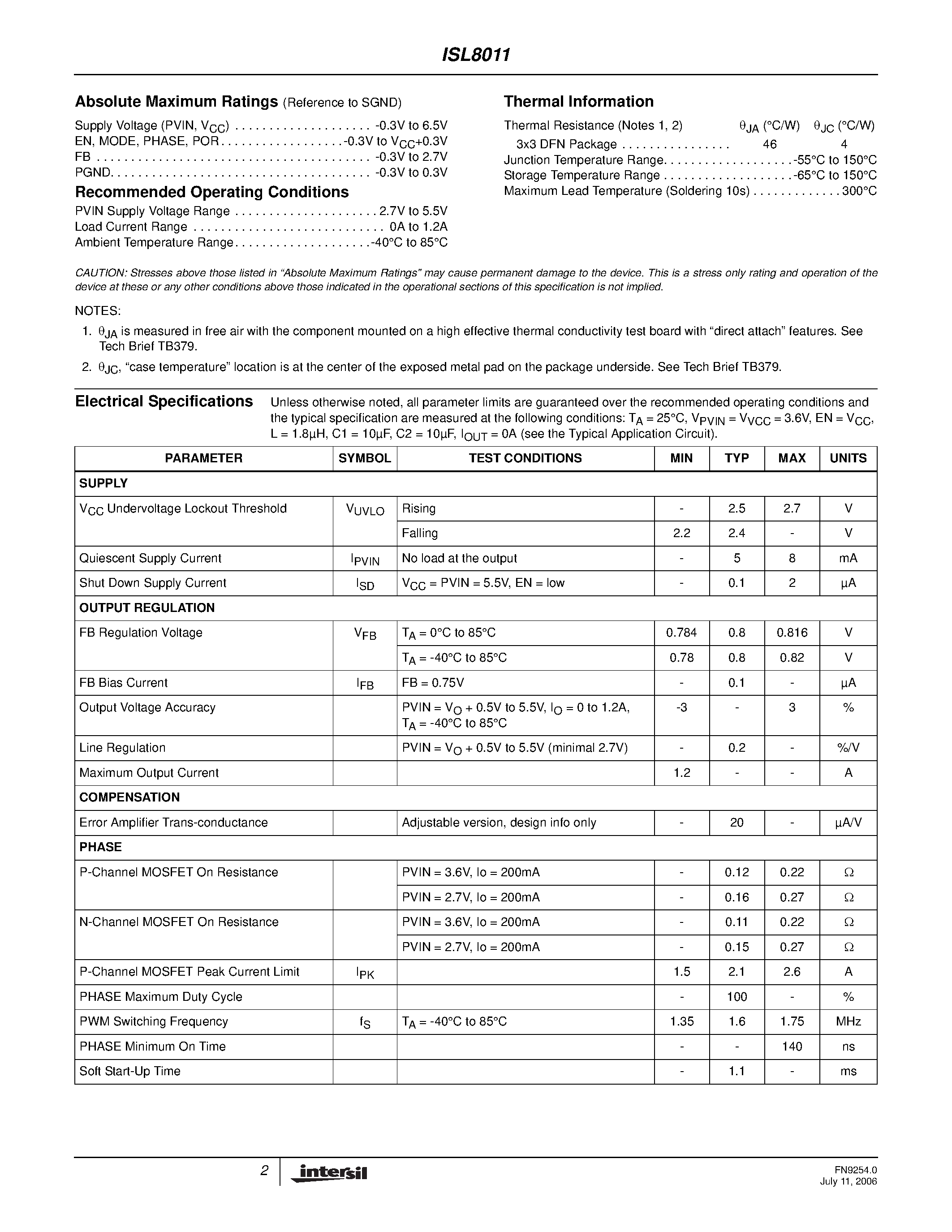 Datasheet ISL8011 page 2 Datasheet ISL8011 - High Efficiency Synchronous Buck Regulator page 2