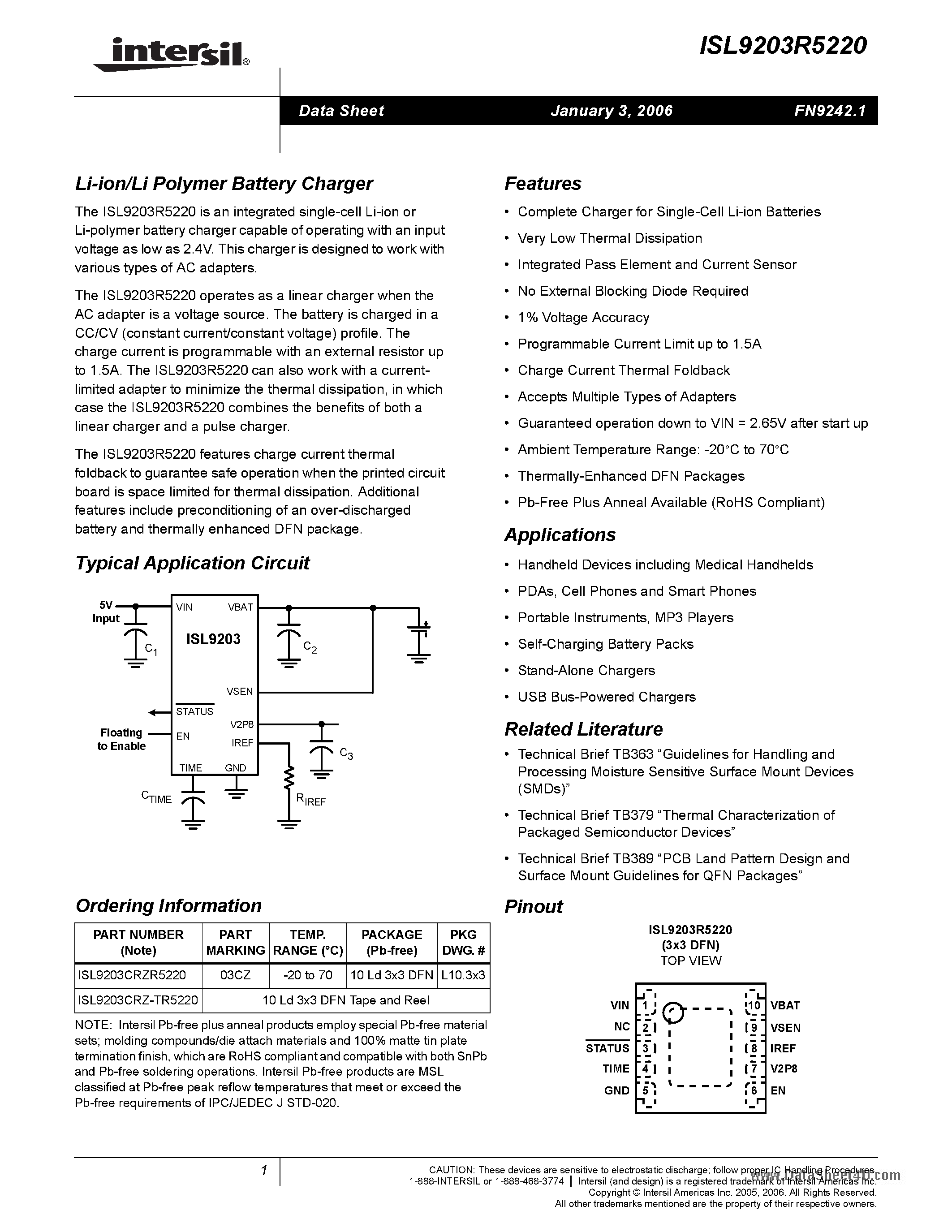 Datasheet ISL9203R5220 page 1 Datasheet ISL9203R5220 - Li-ion/Li Polymer Battery Charger page 1