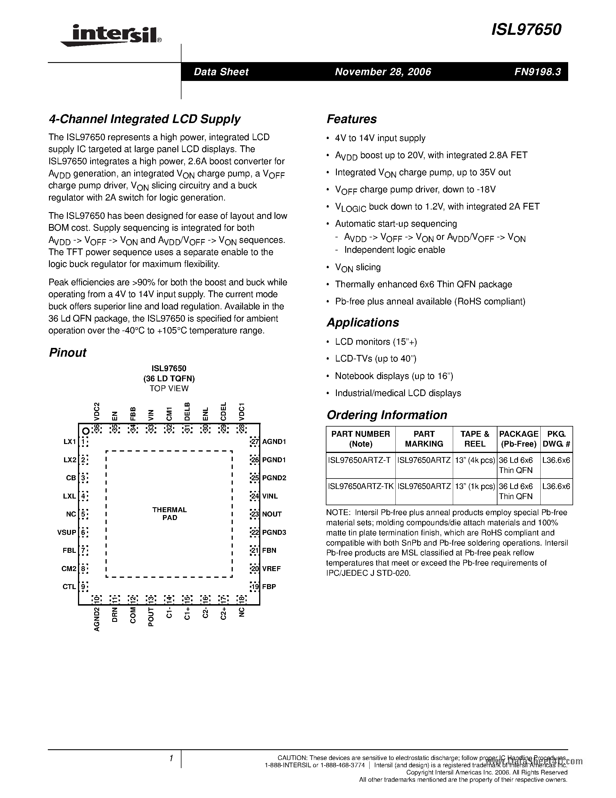Даташит ISL97650 - 4-Channel Integrated LCD Supply страница 1