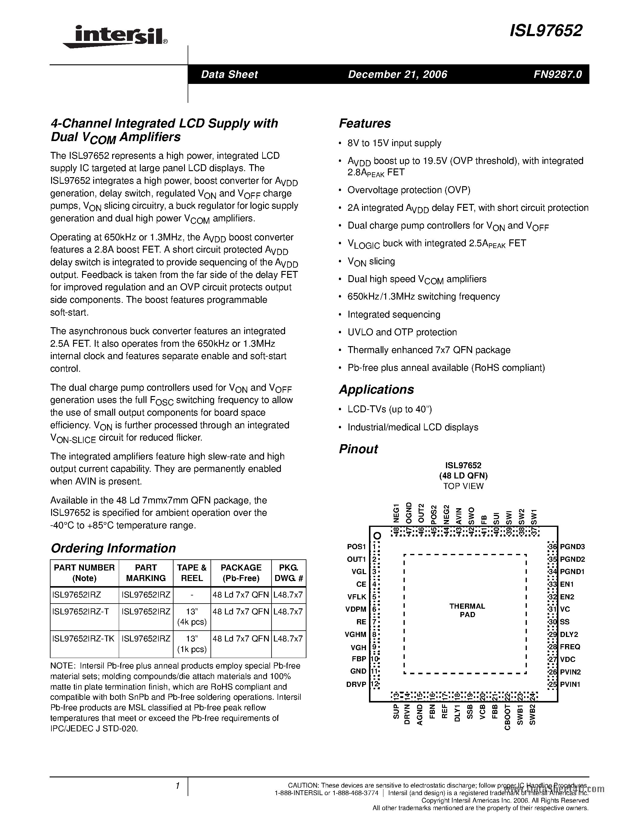 Даташит ISL97652 - 4-Channel Integrated LCD Supply страница 1