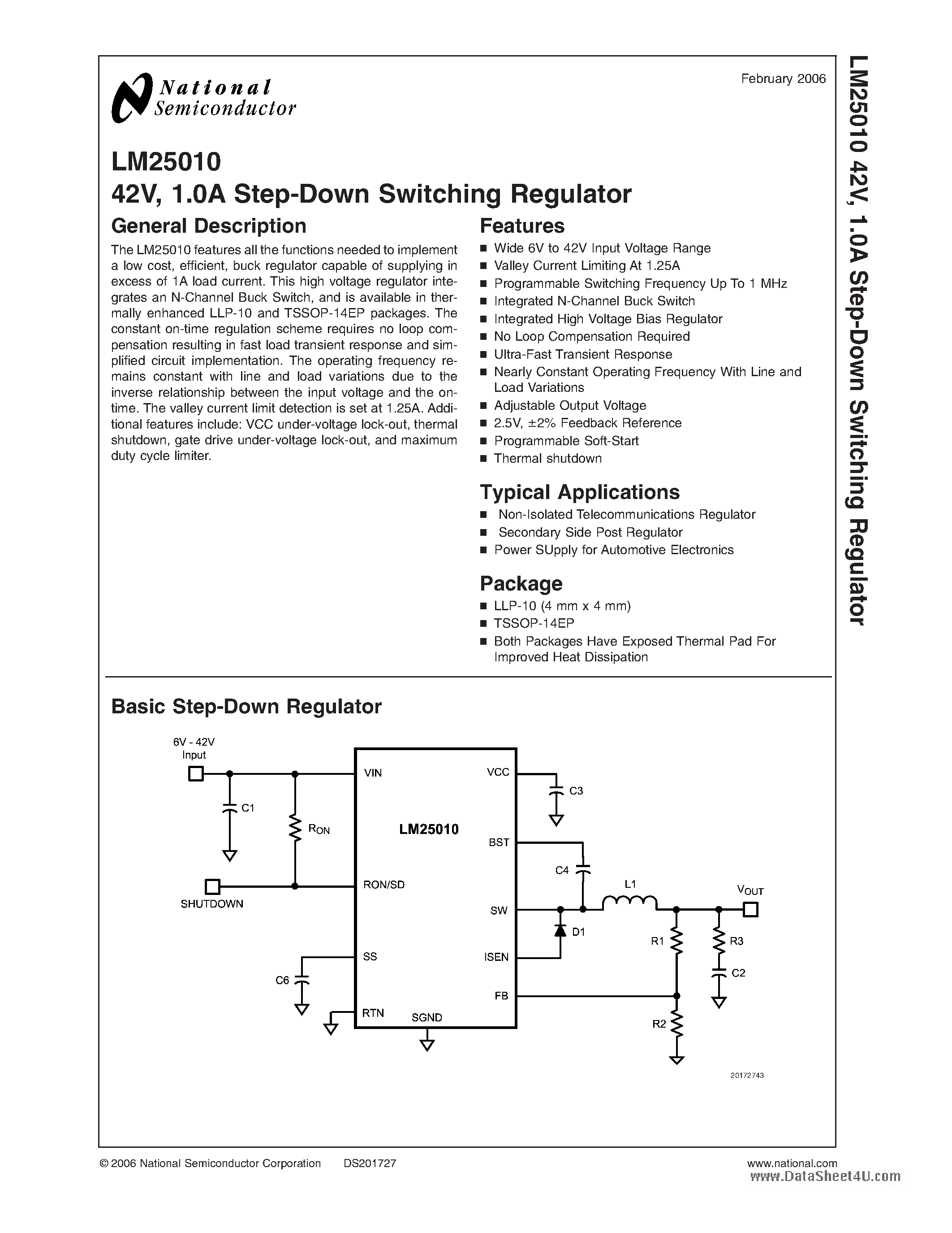 Даташит LM25010 - Step-Down Switching Regulator страница 1