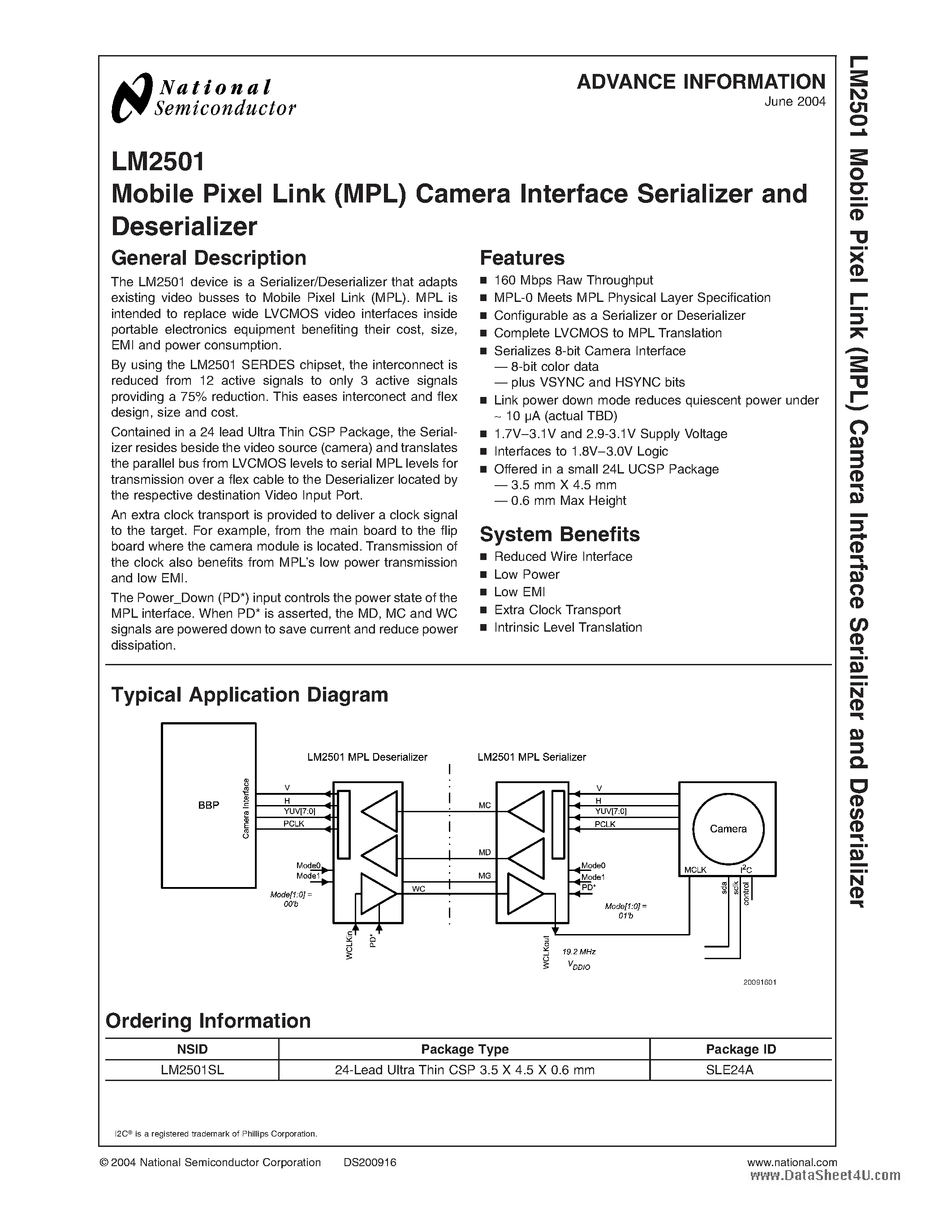 Даташит LM2501 - Mobile Pixel Link (MPL) Camera Interface Serializer and Deserializer страница 1