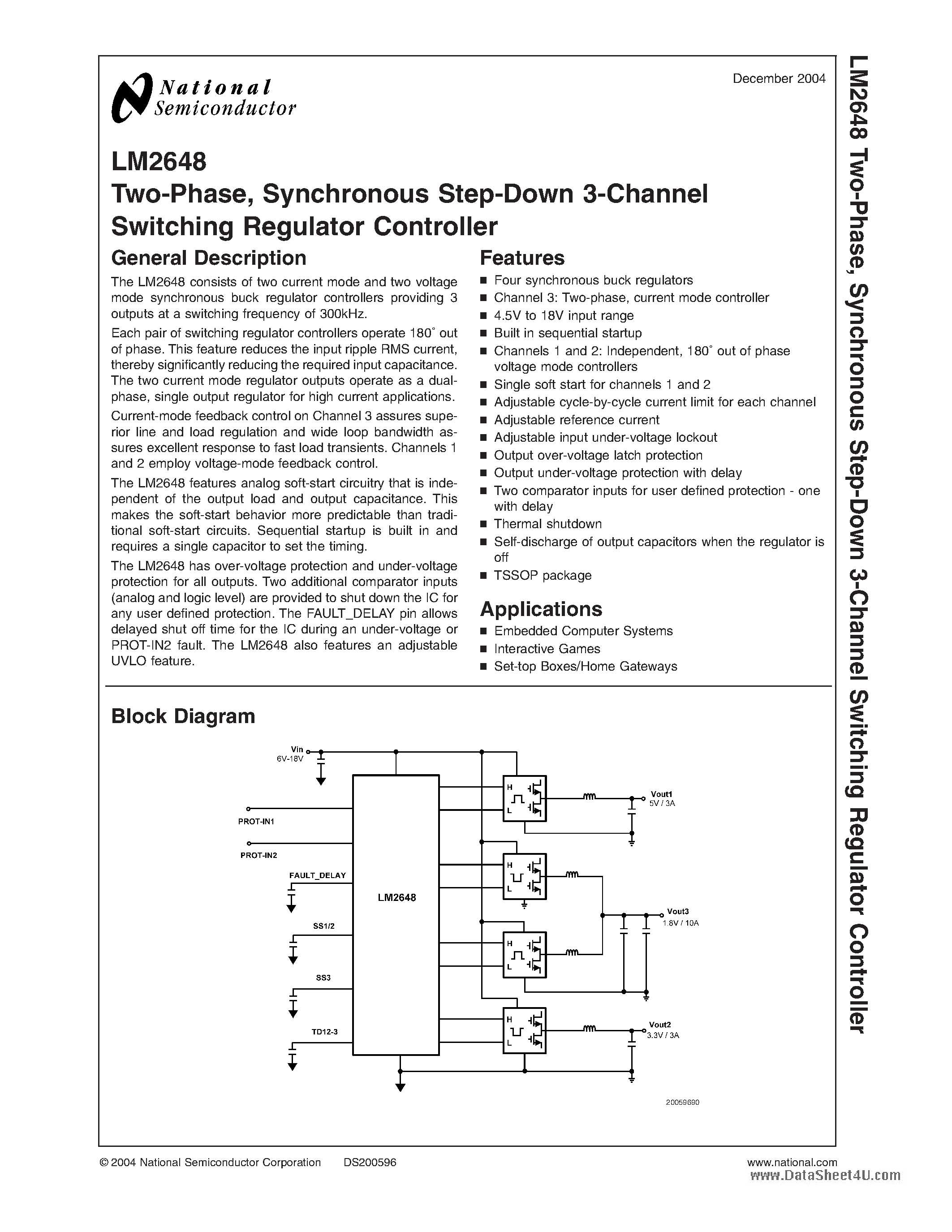 Datasheet LM2648 page 1 Datasheet LM2648 - Synchronous Step-Down 3-Channel Switching Regulator Controller page 1
