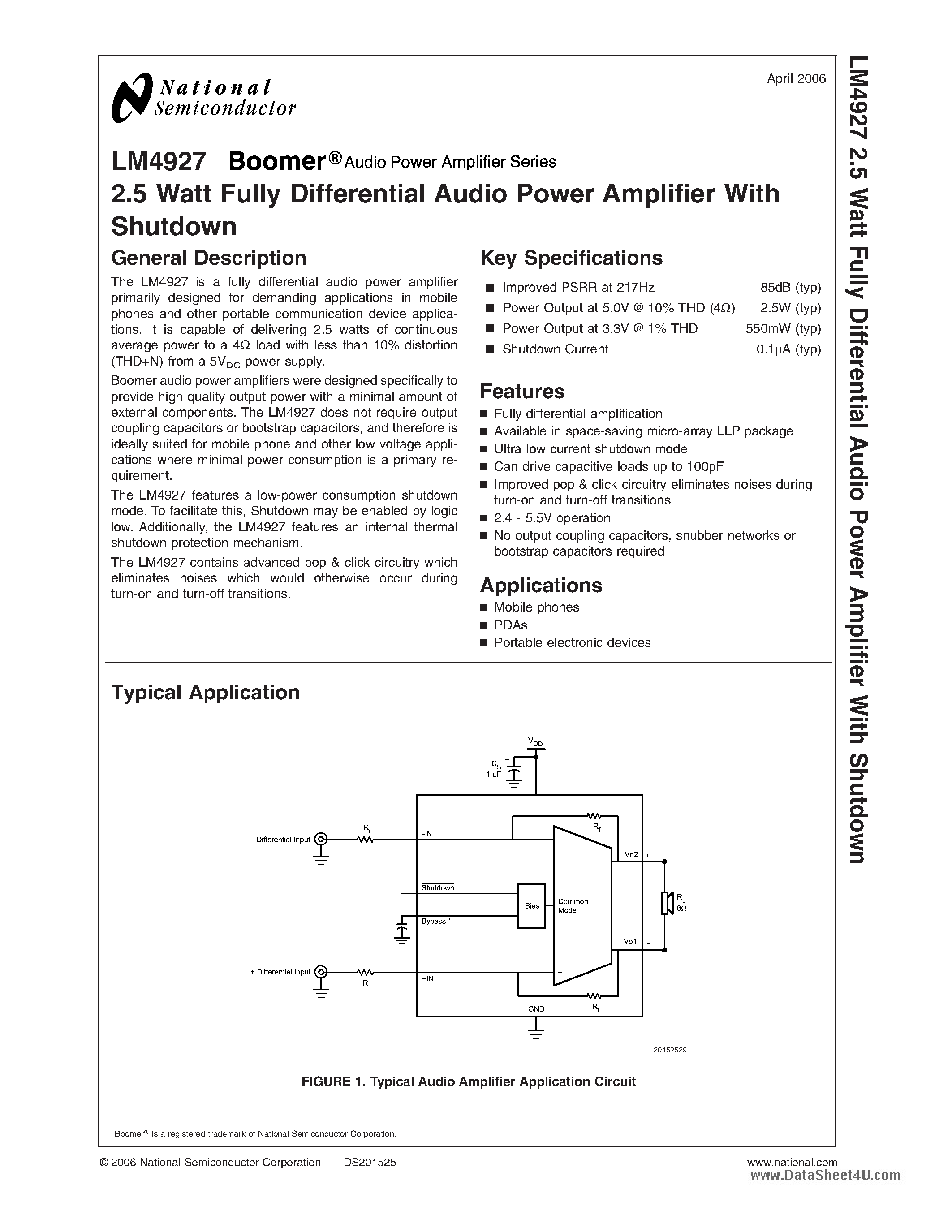Даташит LM4927 - 2.5 Watt Fully Differential Audio Power Amplifier страница 1