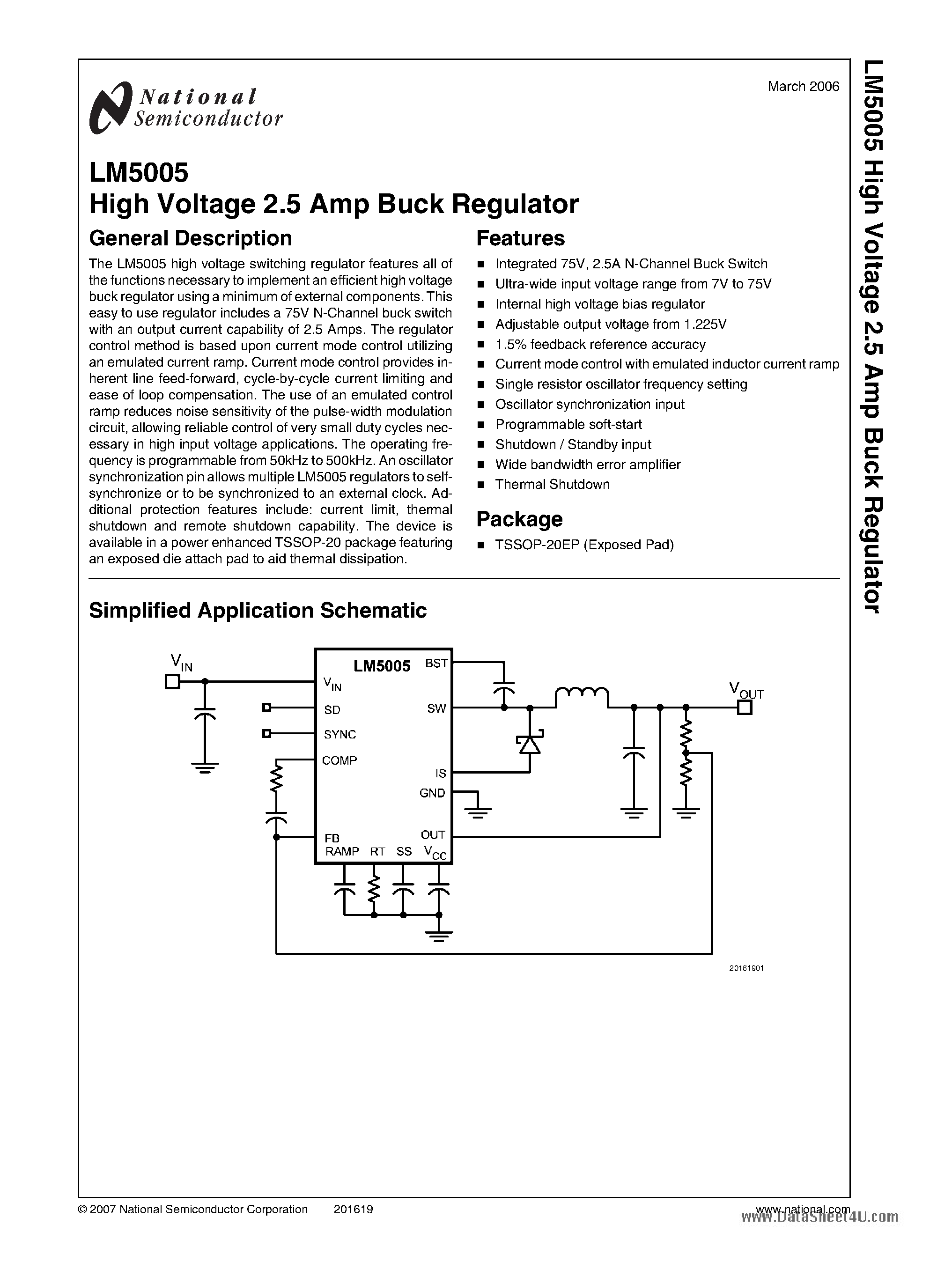 Даташит LM5005 - High Voltage 2.5 Amp Buck Regulator страница 1