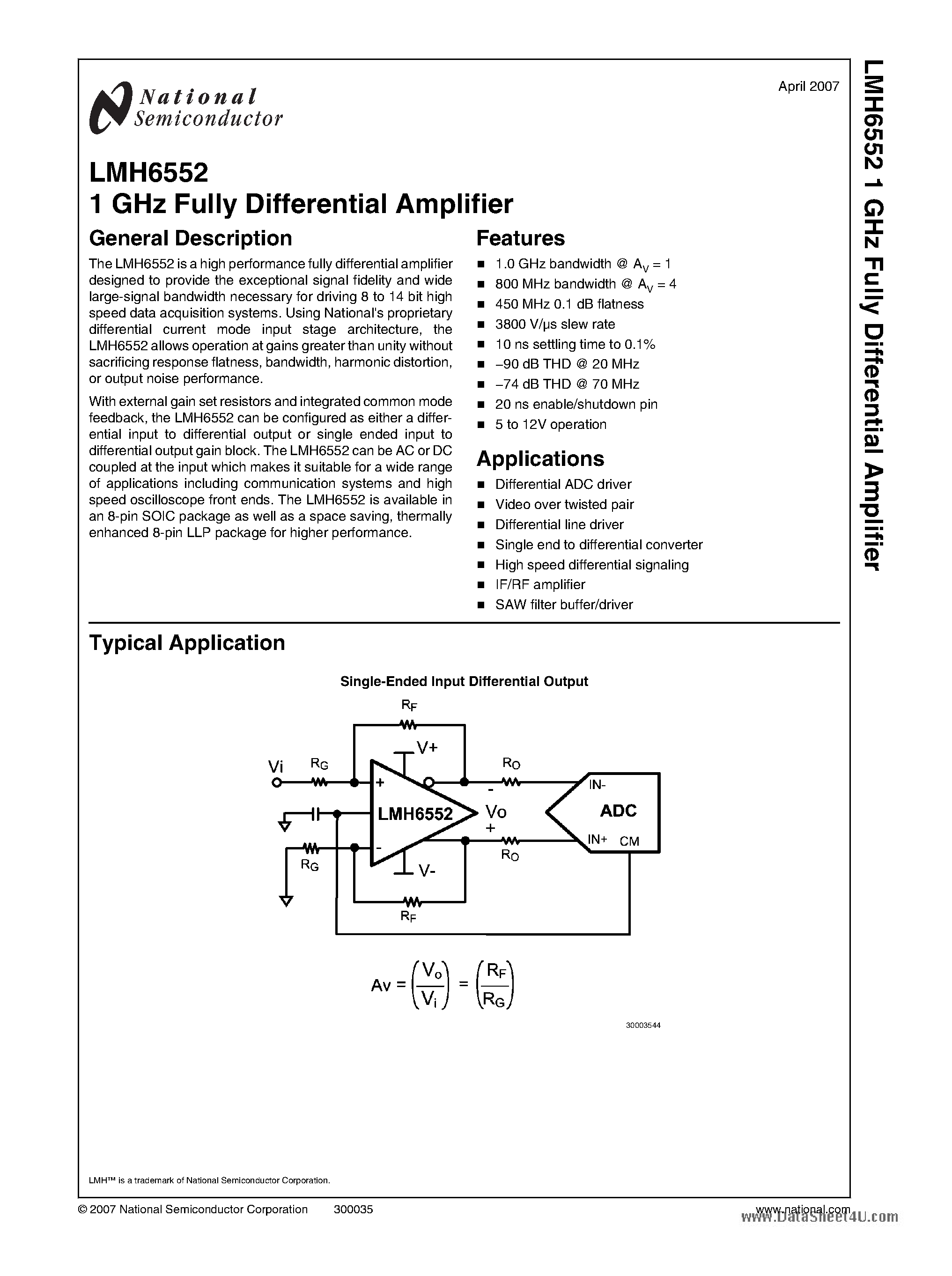 Даташит LMH6552 - 1 GHz Fully Differential Amplifier страница 1