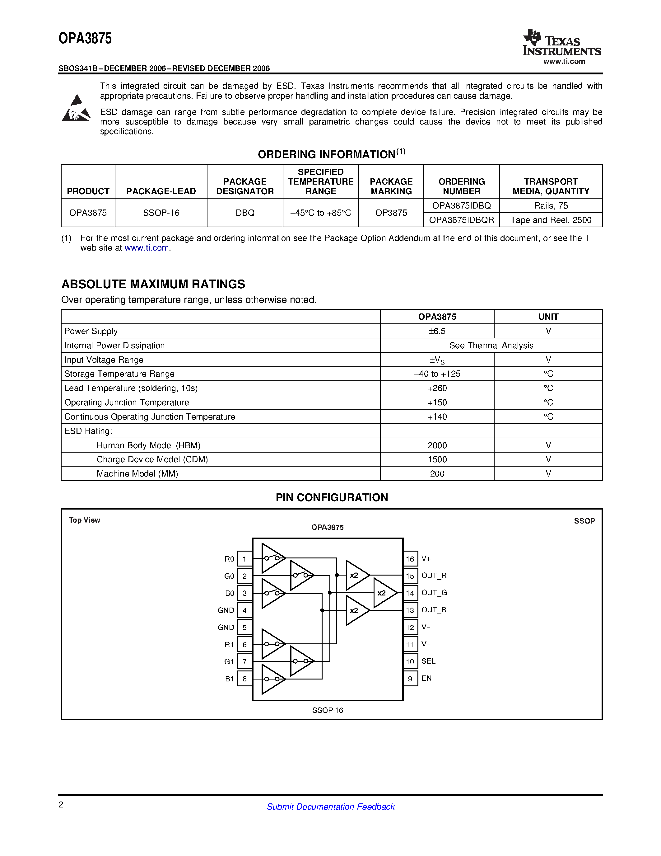 Datasheet OPA3875 - Single 2:1 High-Speed Video Multiplexer page 2